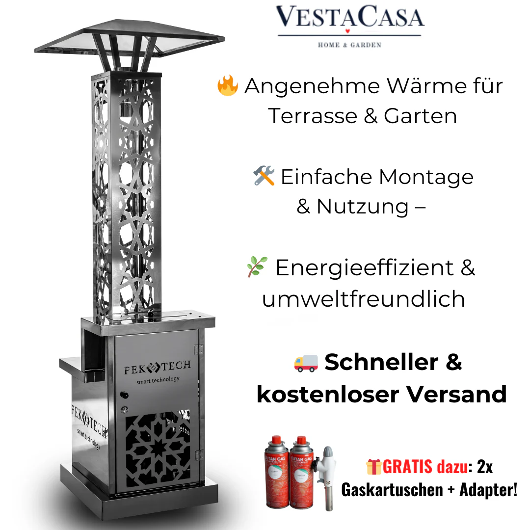 2025 Pektech Peluxe Chrom – Parasol chauffant à granulés exclusif, finition chromée intégrale, pour jardin et événements