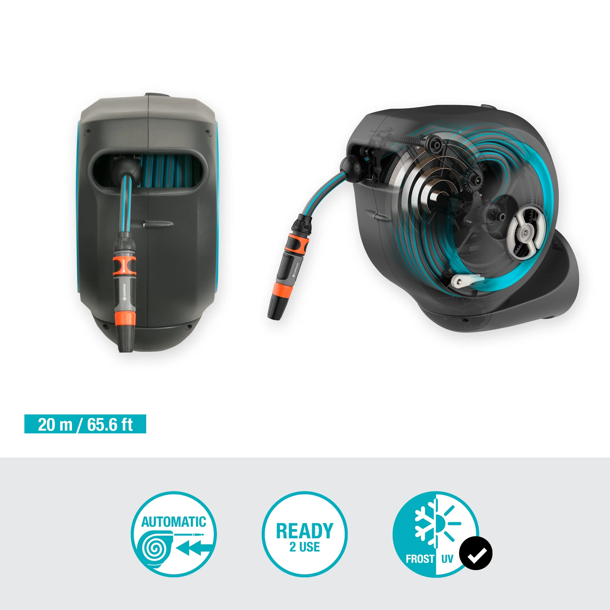 2025 Gardena RollUp M vægmonteret slangeopruller (turkis) 20 m: Fleksibel vanding til mellemstore haver. Roterende tromle. Med vægbeslag. Systemtilbehør og sprøjte. 20 m slange inkluderet (18610-20)