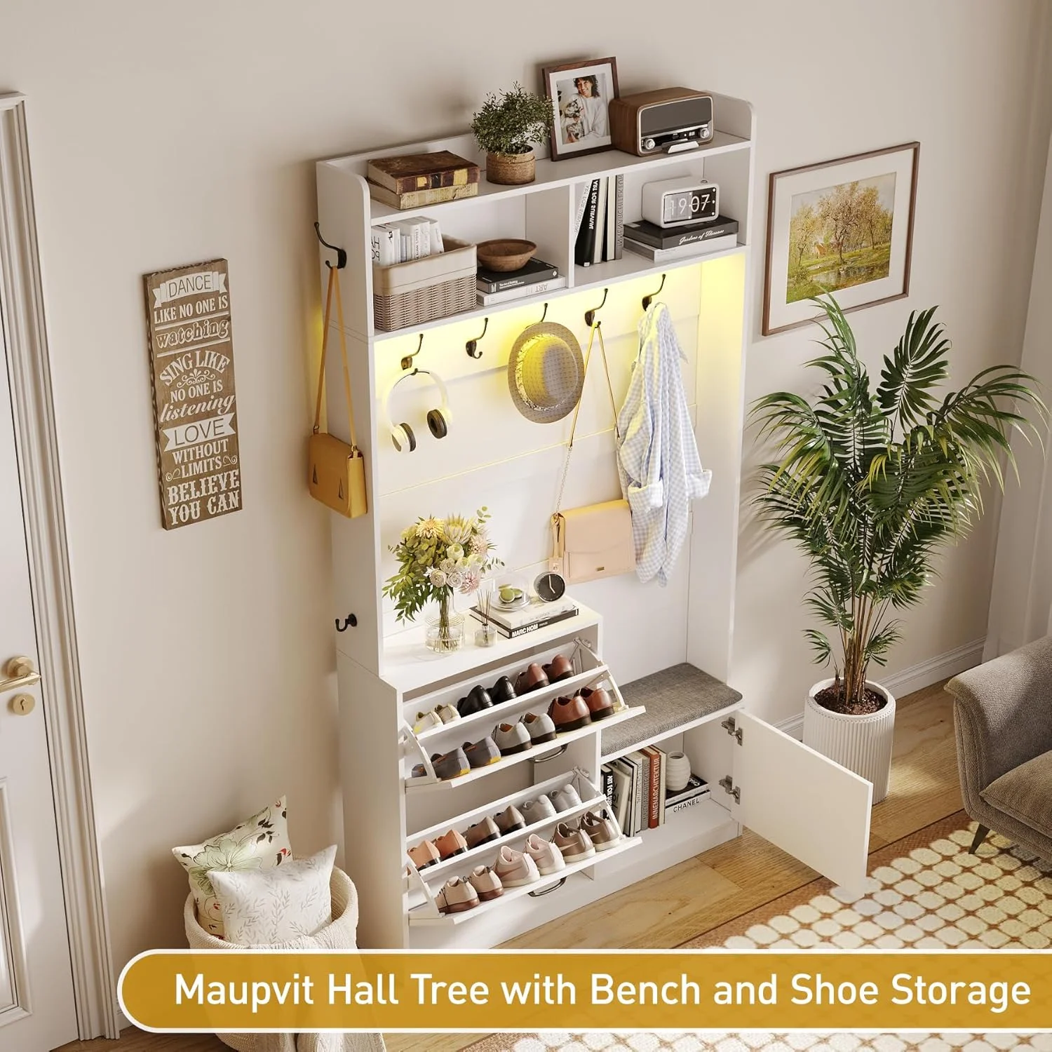 Vabches 5 in 1 Hall Tree, 78" Narrow Entryway Bench with LED Light, Coat Rack and Shoe Storage, Hall Tree with Cushioned Stool & Hooks for Hallway, Living Room, Mudroom