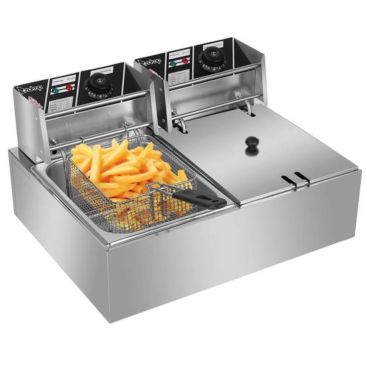 Friteuse électrique de comptoir avec double cuve en acier inoxydable - Grande capacité - Appareil de comptoir - Friteuse industrielle avec grande cuve pour frites (12,7 pintes/12 L. 5000 W)