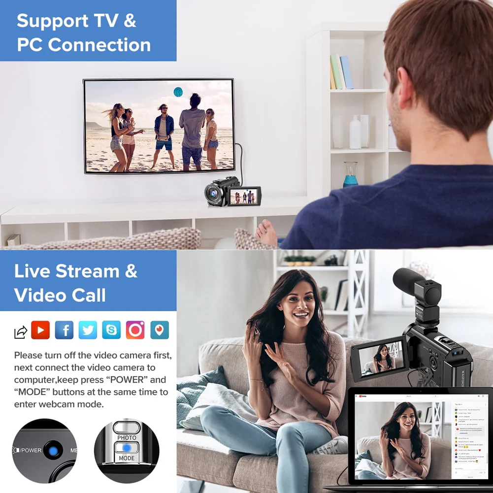 Video Camera Camcorder Youtube Vlogging Camera FHD 1080P 30FPS 24MP 16X Digital Zoom 3" LCD 270 Degrees Rotatable Screen Digital Camera Recorder with Microphone, Remote Control, 2 Batteries