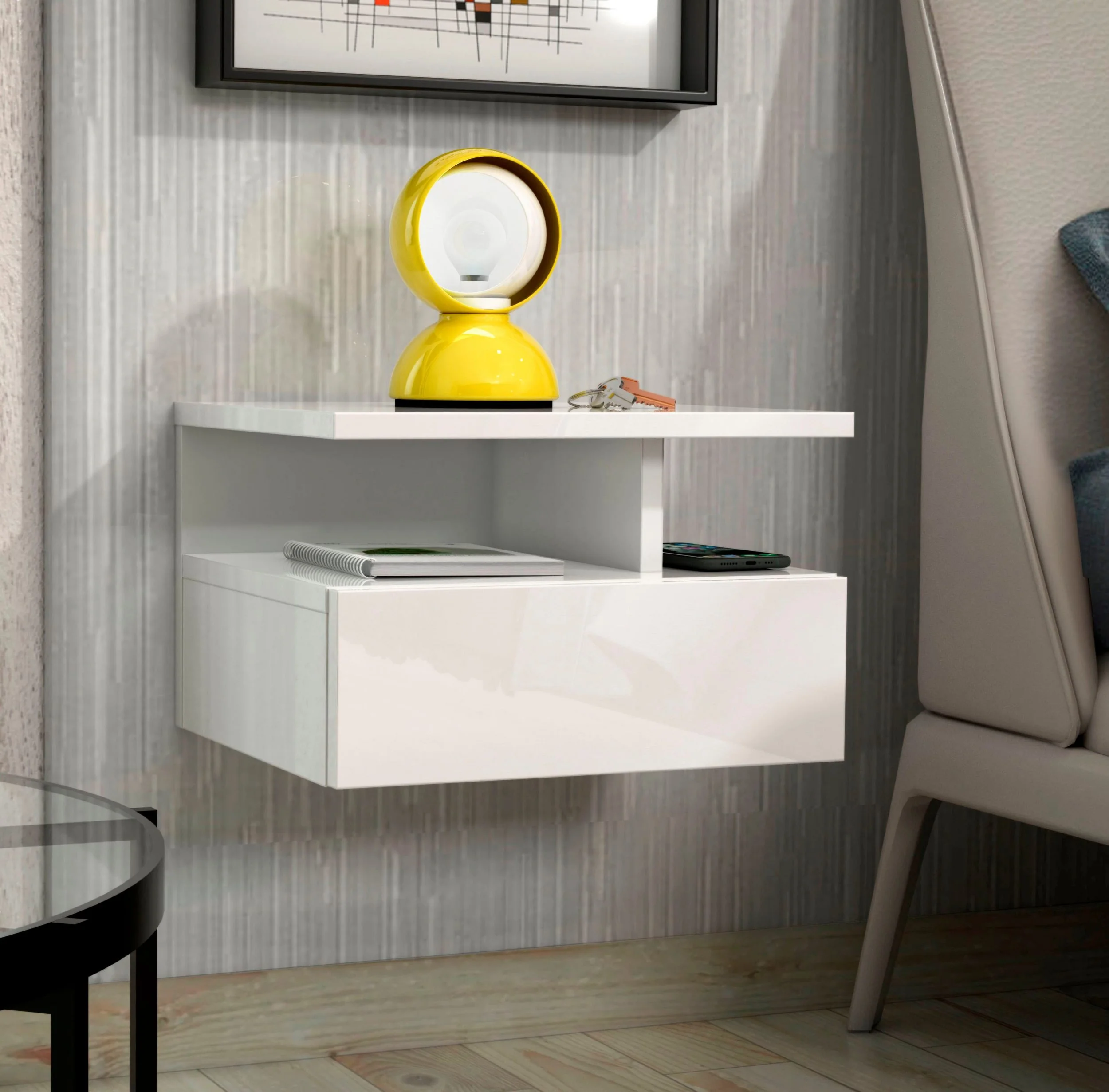 Table de chevet suspendue Roma en blanc brillant, au design minimaliste, largeur 35,5 cm