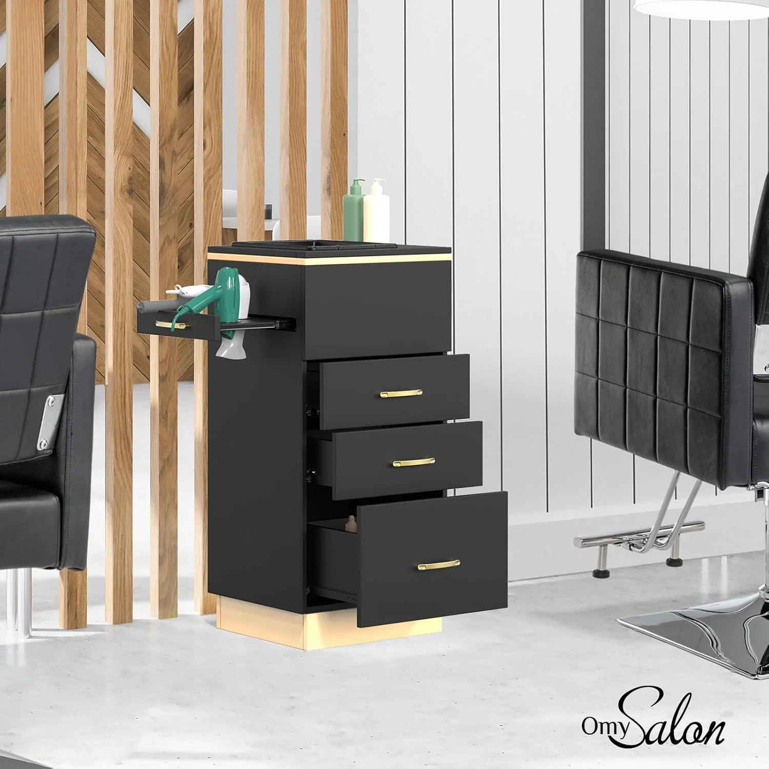 OmySalon Salon Opbevaringsstation – Frisørskab med 3 skuffer, opbevaringsrum og 3 hårtørrerholdere – Hvidguld