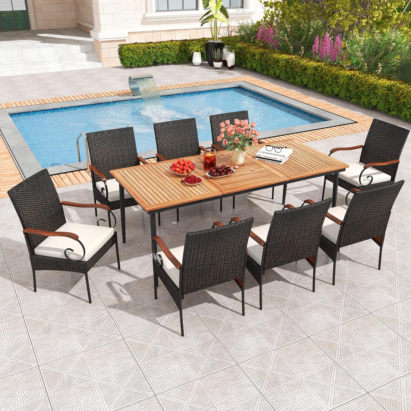 Tangkula 9-Piece Patio Dining Set, 79" Outdoor Dining Table & 8 Rattan-Woven Dining Chairs with Acacia Wood Tabletop
