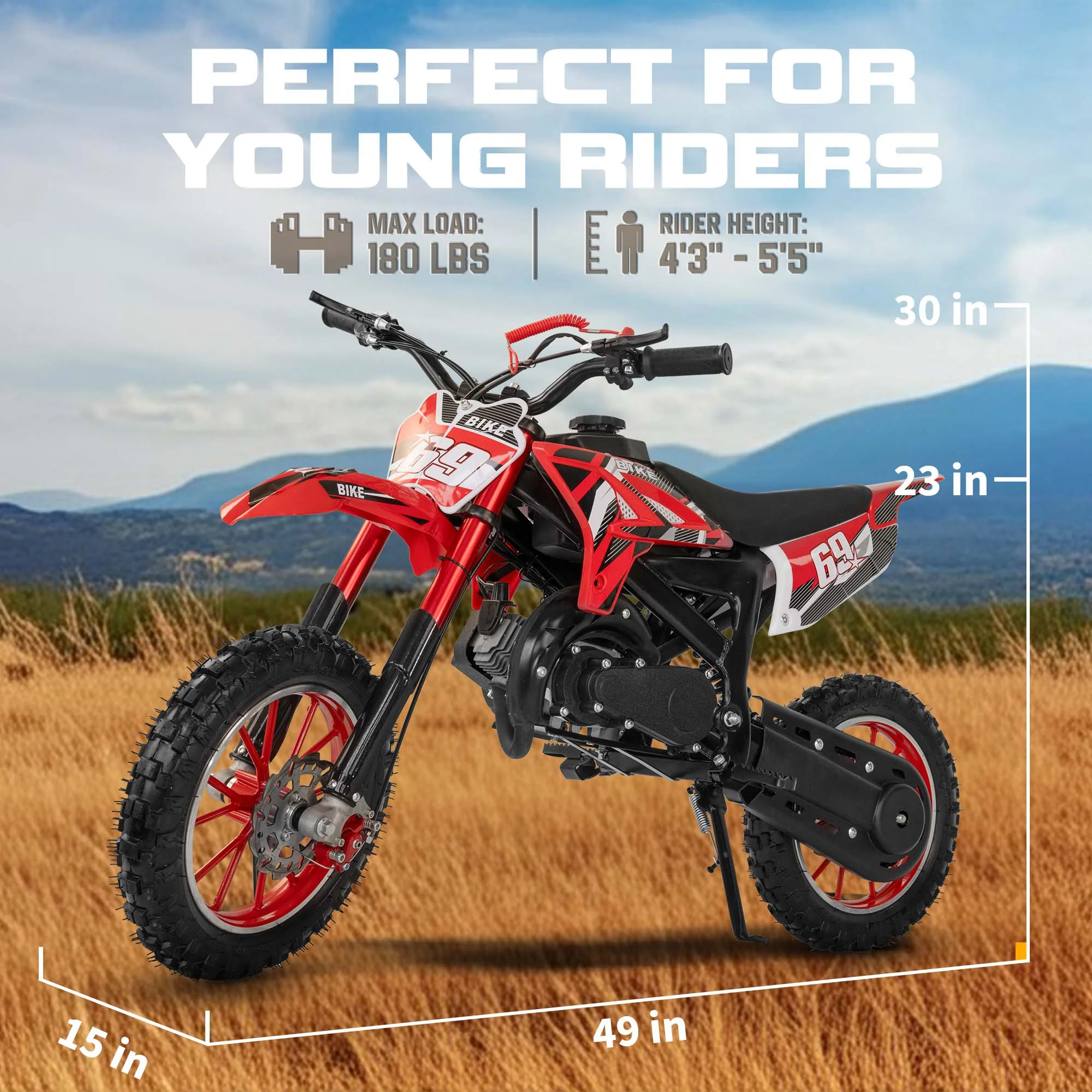 MX Moto 49CC Kids Dirt Bicycle, 2 - Stroke Gas Powered Off Road Motorcycle, Tire Shock Absorber Spring Soft Seat Cushion with Front and Rear Disc Brake, Max Speed 28 MPH