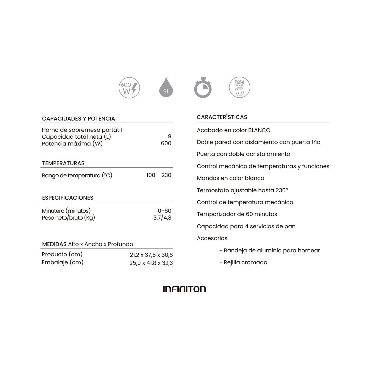 Infiniton HSM-A9B – Four de comptoir, blanc, 9 L, 600 W, double vitrage, contrôle de la température, minuterie de 60 minutes