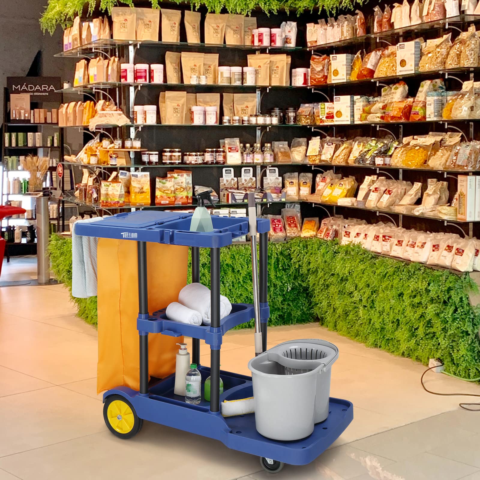 TUFFIOM Commercial Traditional Cleaning Janitorial 3-Shelf Cart