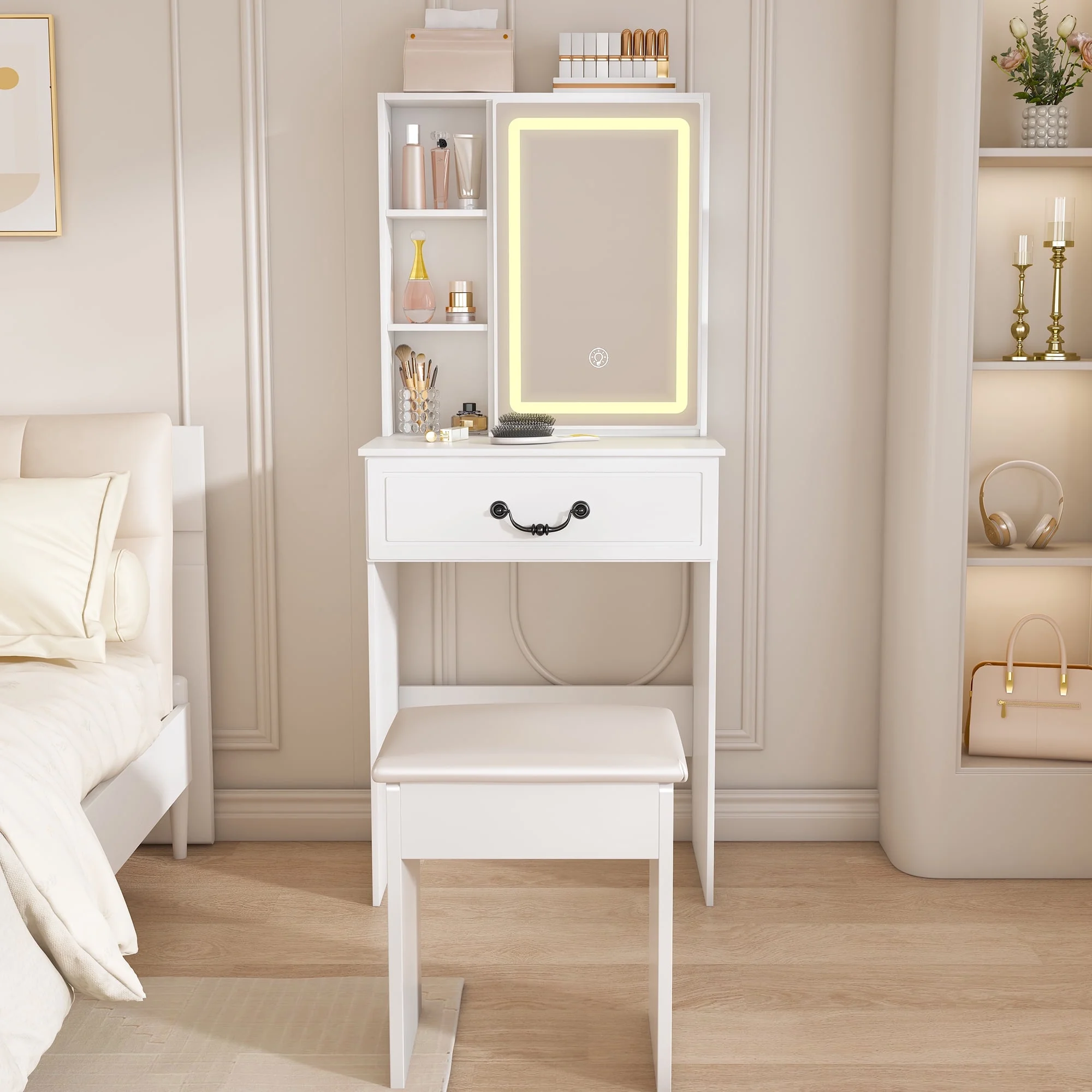 Montary Modern Mini Vanity W/Adjustable LED Mirror + Hidden Storage, Padded Stool & Dustproof Shelves (White)