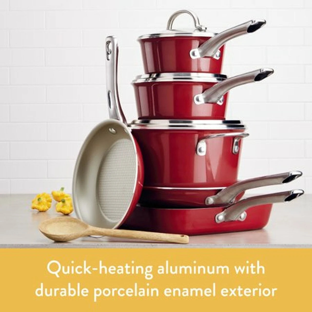 Ensemble de 10 casseroles et poêles antiadhésives Ayesha Curry en porcelaine émaillée, rouge Sienne