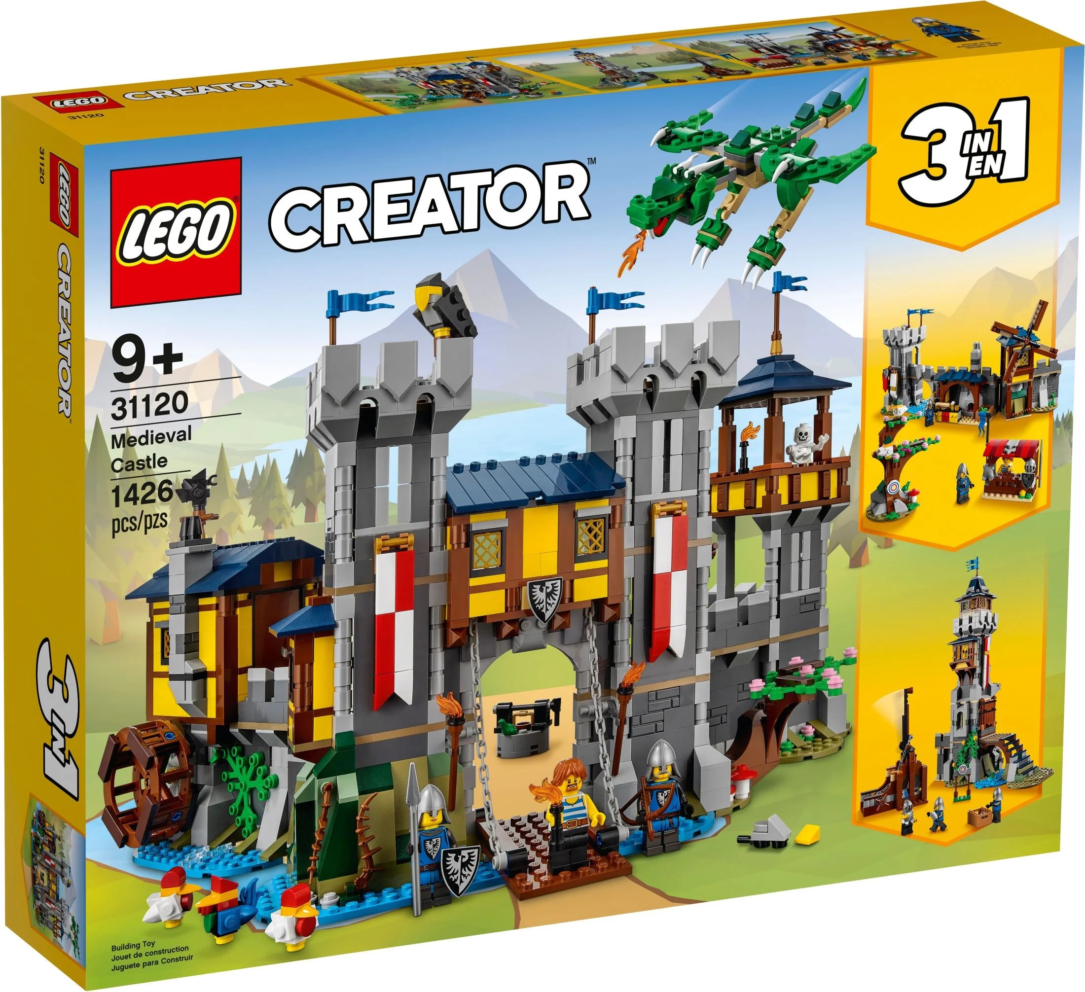 LEGO Creator 3-i-1 middelalderslot, forvandl legetøj fra slot til tårn til marked, inklusive skelet- og dragefigurer, med 3 minifigurer og katapult, 31120