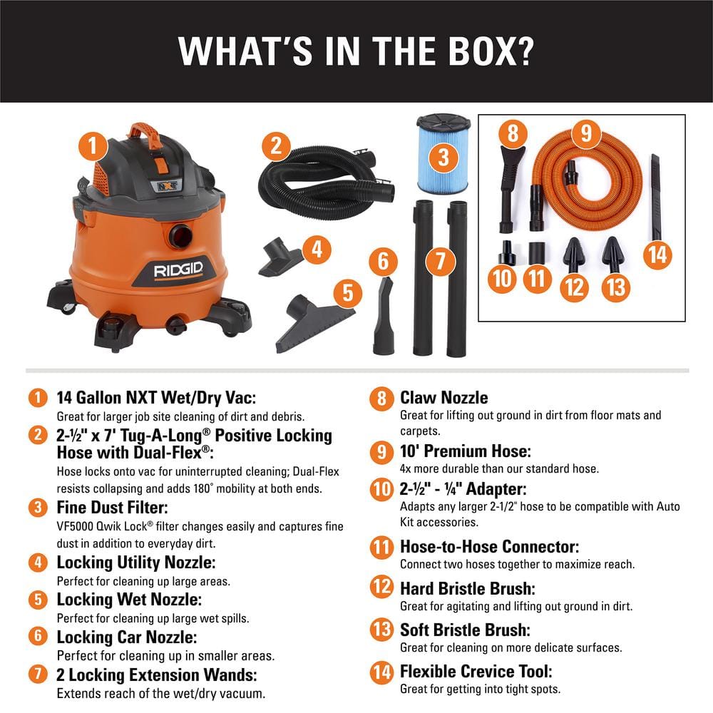 2025 14 gallon / 6,0 peak hk NXT våd-/tørstøvsuger med premium bilsæt – RIDGID HD1401