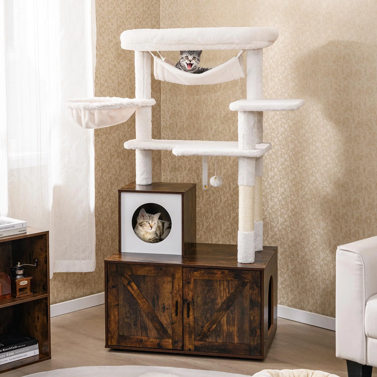 Tangkula Cat Tree with Litter Box Enclosure | Industrial Hidden Litter Box with Cat Tower