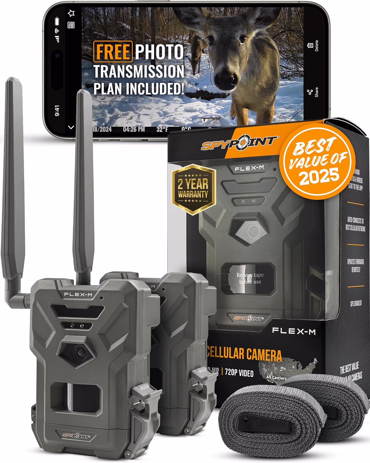 SPYPOINT Flex - M Twin Pack Cellular Trail Camera - Hunting Trail Monitor with GPS, Night Vision, Dual - Sim LTE, IP65 Water - Resistant