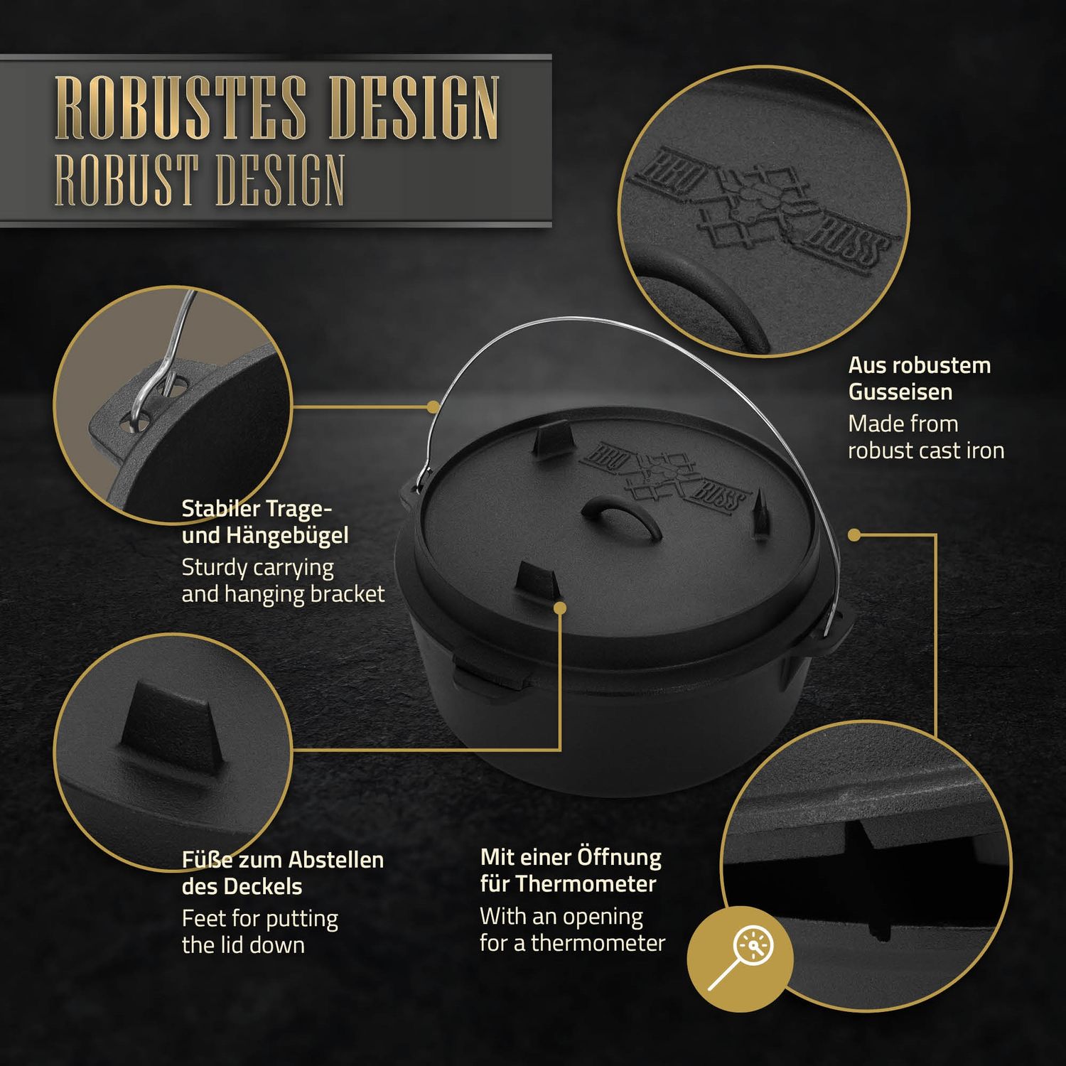 Ensemble de cocotte BBQ 13,6 L noir avec lève-couvercle et dessous de plat BBQ#boss