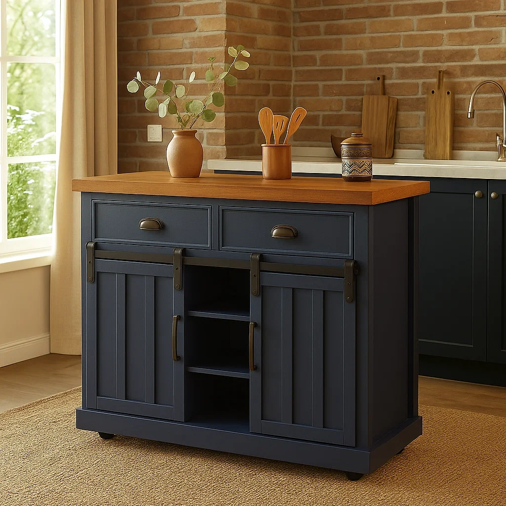 Kücheninsel, rechteckig, MDF-Holz, dunkelblau, mit brauner Arbeitsplatte, Schiebetüren, Schubladen und offenen Regalen, 117 x 40 x 88 cm, für den Hausgebrauch. - 9Y4AafUfCwhm