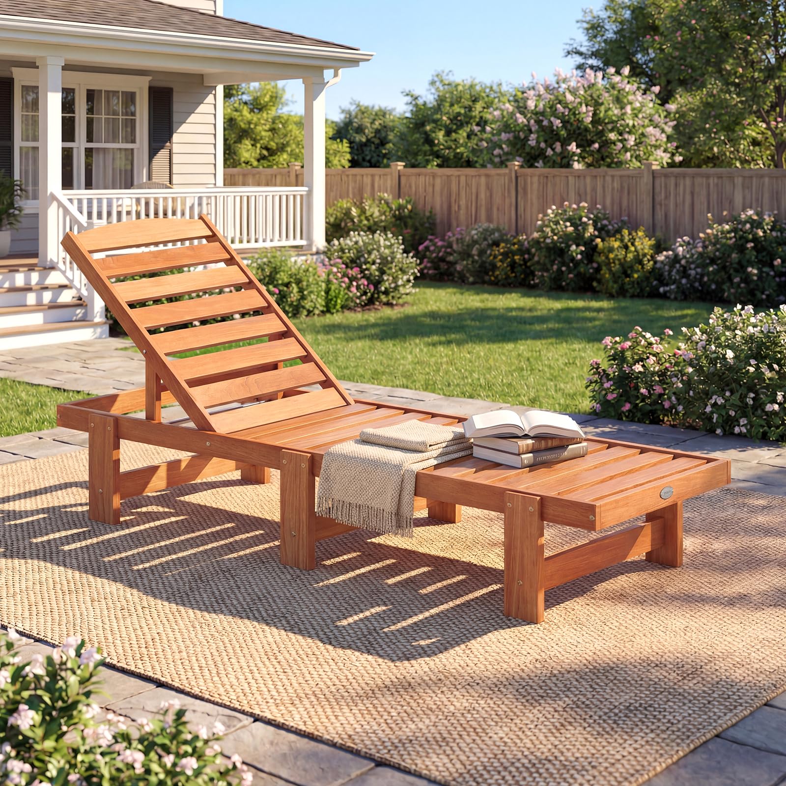 Tangkula Solid Wood Patio Chaise Lounge with 5-Level Adjustable Backrest (1/2)