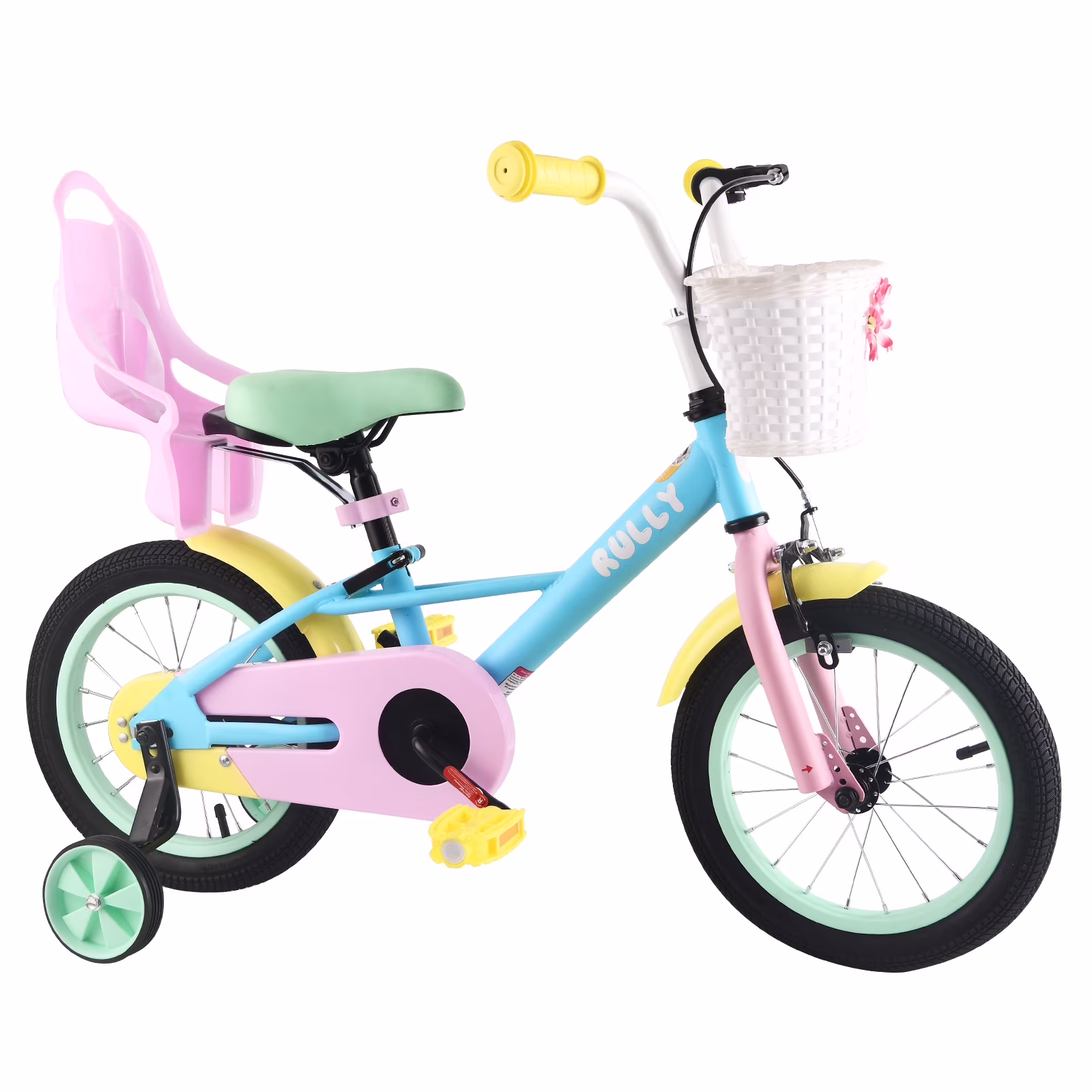 RULLY 14" Kids Bike for 3 4 5 Years Girls 35 - 47 in Tall, Girls Toddler Bicycle with Training Wheels, Doll Bike Seat & Coaster Brake, Rainbow Bike, Macarons