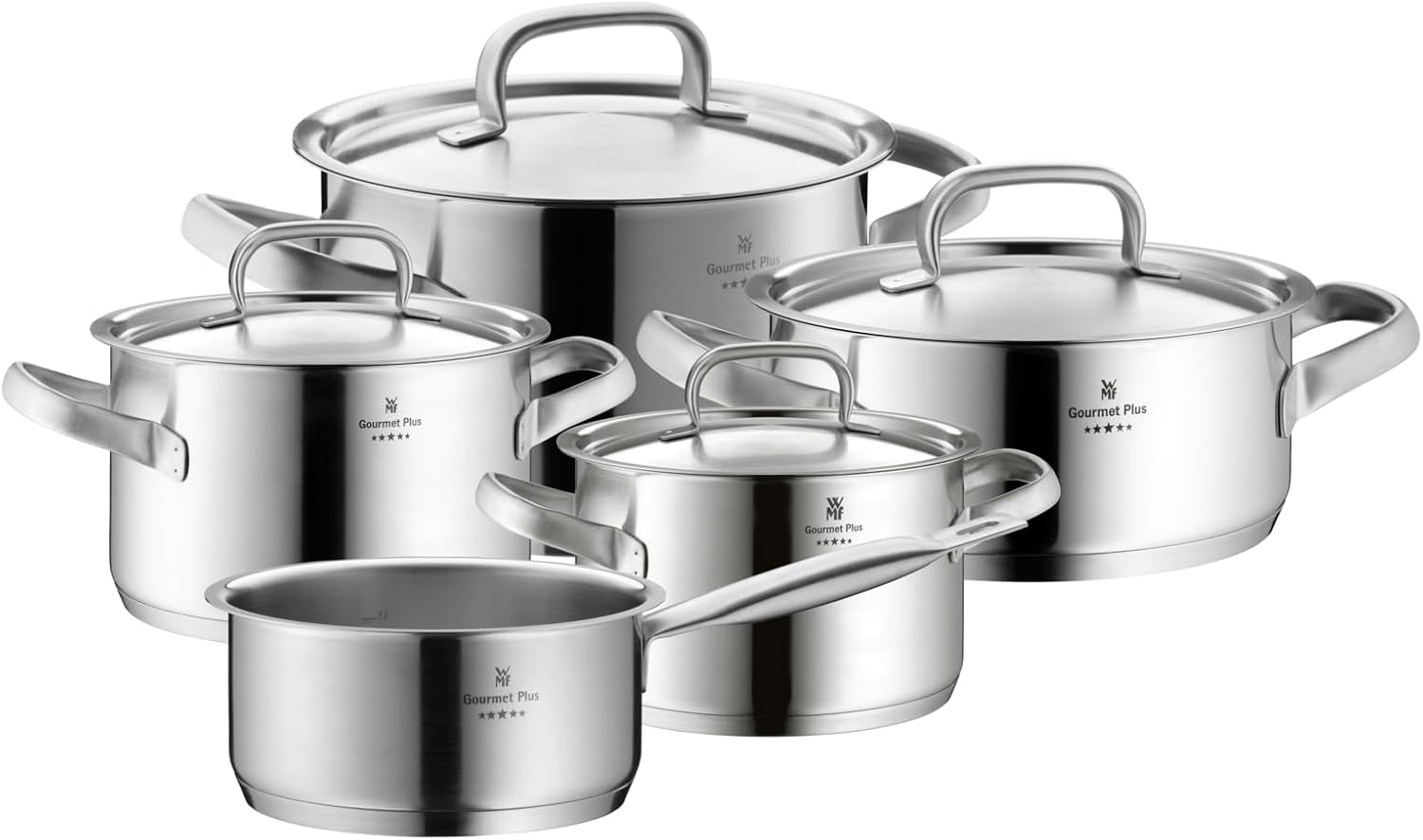 WMF Gourmet Plus - 5-delt køkkengrejsæt, rustfrit stål egnet til induktion, 1 lav gryde (20 cm), 3 høje gryderetter (16 cm, 20 cm og 24 cm), 1 gryde (16 cm) med 4 låg i rustfrit stål