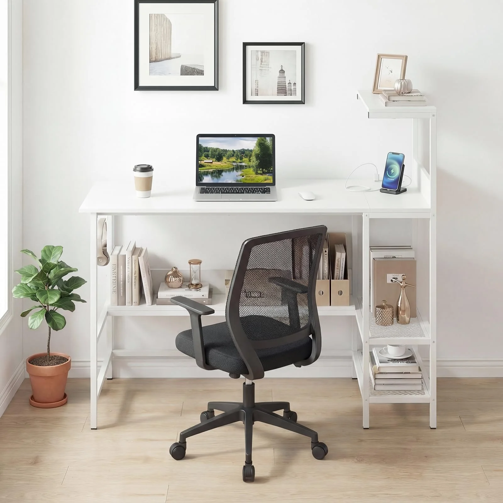 Tangkula 48" Reversible Computer Desk with Bookshelves & Power Outlets