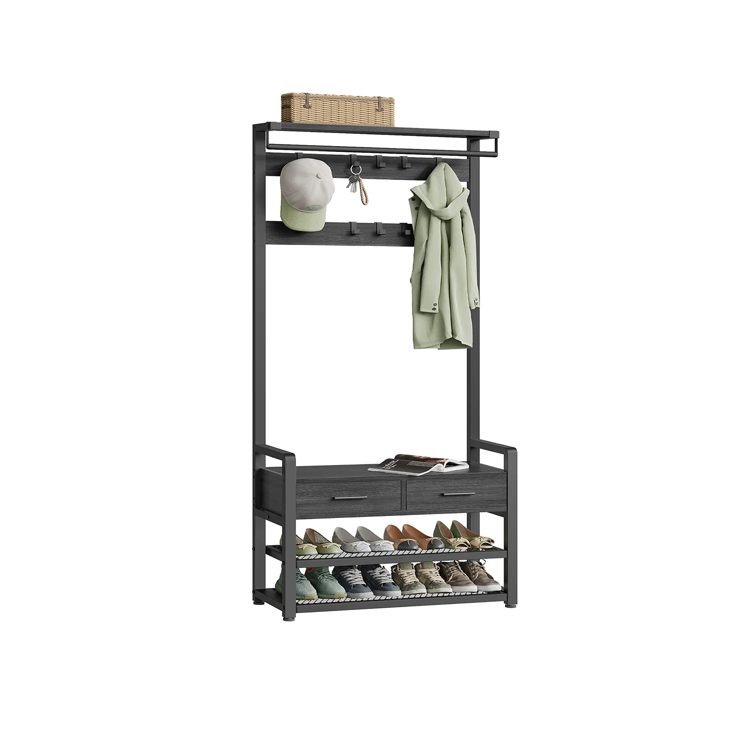 Porte-manteau de couloir avec crochets amovibles, tiroirs et banc à chaussures