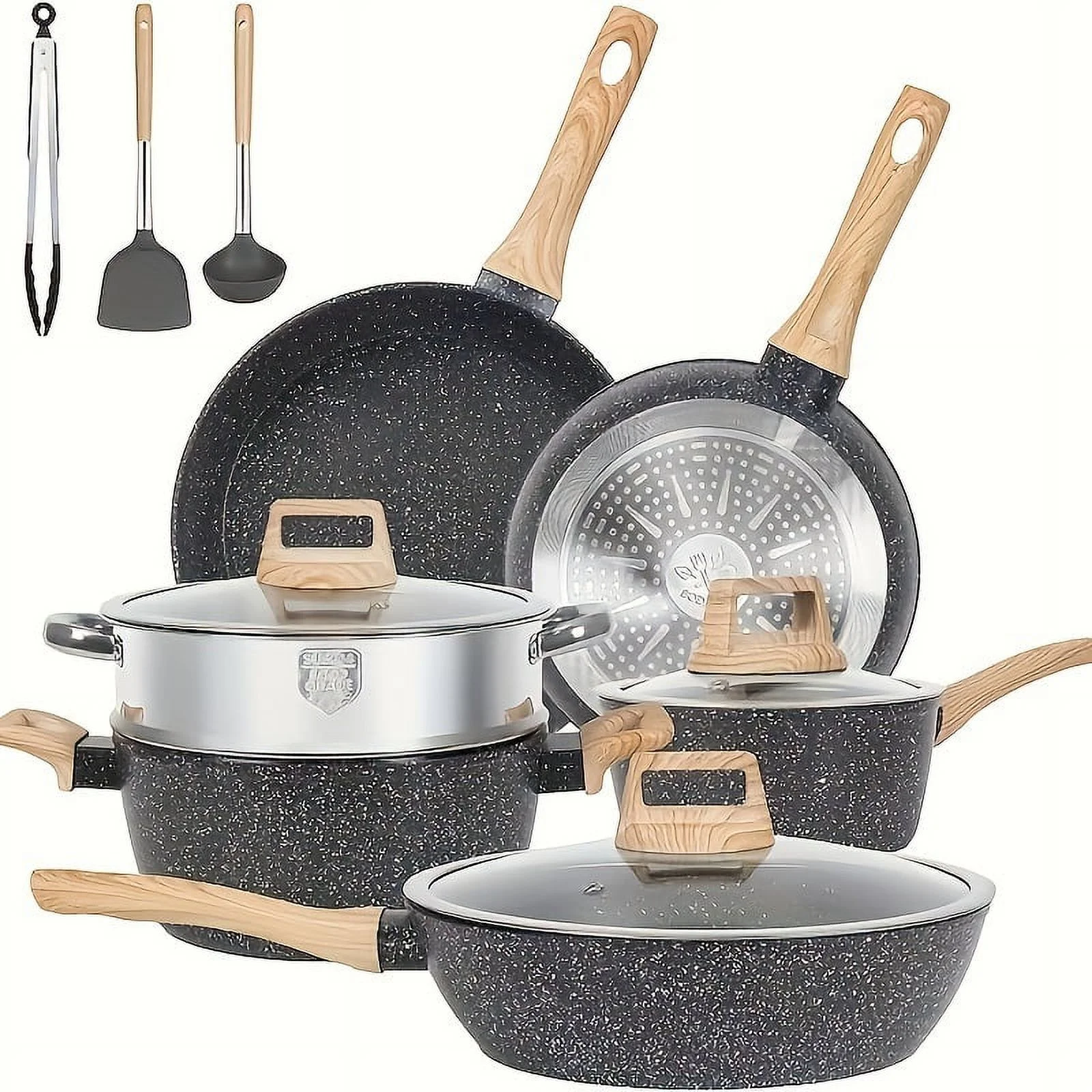 Non - Stick 12 POTS and Pans Set, Cookware Set, Including Frying Pan, Pan, Steamer, Silicone Spatula and Tongs - Granite Cooking Set (Black)