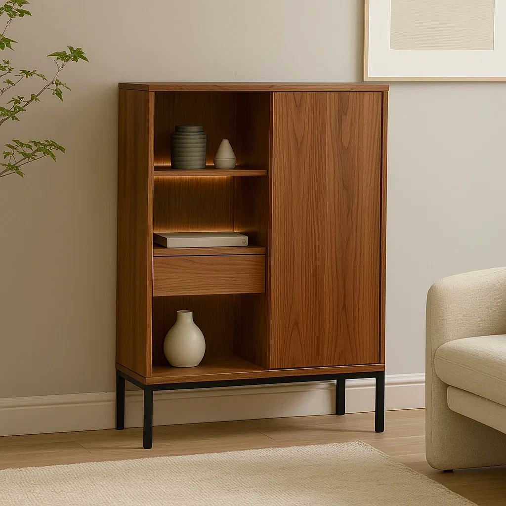 Vitrine mit blickdichter Tür und offenen Regalböden, MDF-Platte und Metallgestell, Naturholzfarbe, freistehend, für Wohnzimmer oder Büro, 80 x 35 x 110 cm - 76ftaMkOgL1k