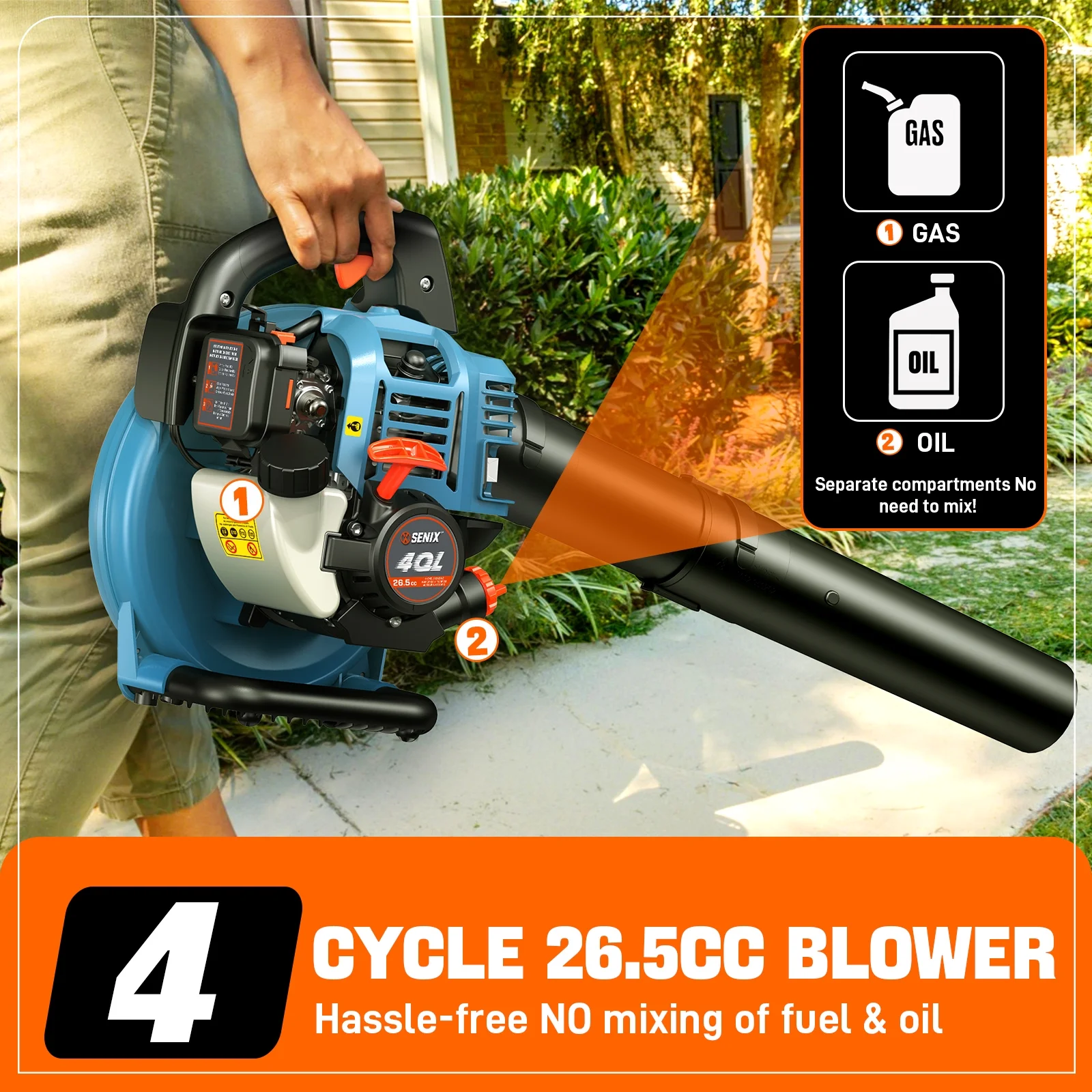 SENIX 4QL 26.5cc 4 - Cycle Gas Powered Leaf Blower, 410 CFM/125 MPH, Dual - Grip Handle, Lightweight, BL4QL - L
