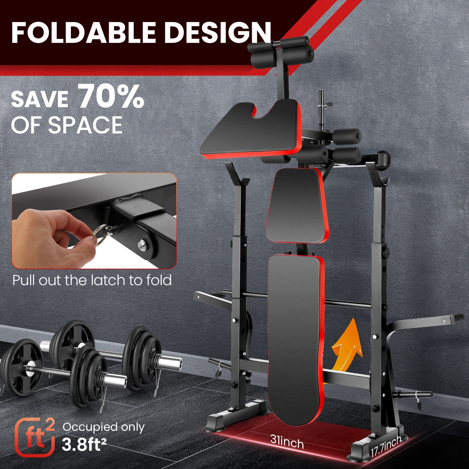VIBESPARK Adjustable Weight Bench 600 lb 5 - in - 1 Foldable Workout Bench Set with Barbell Rack Leg Developer Preacher Curl Rack Dumbbell Fly Attachment, Multi - Function Strength Training Bench Press