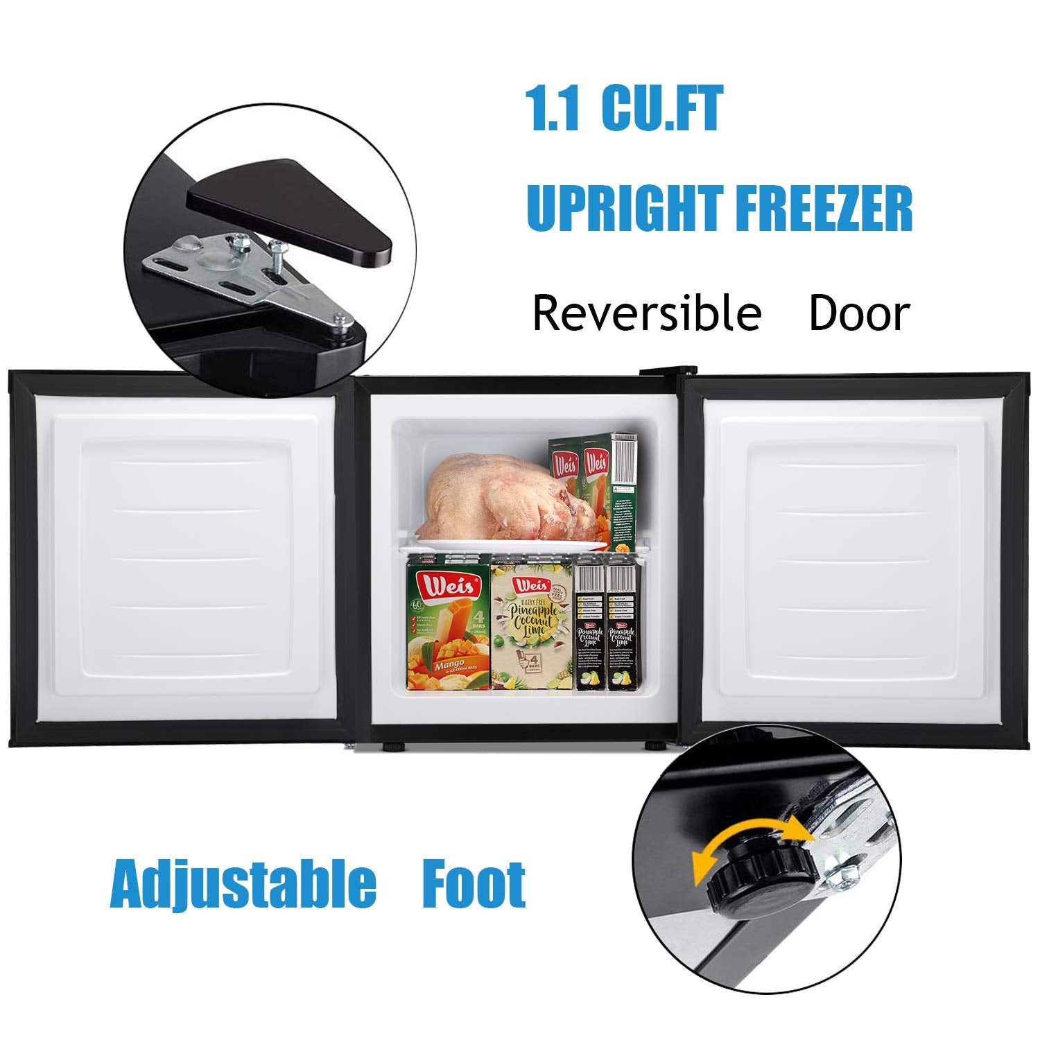 Congélateur vertical compact Antarctic Star avec porte simple réversible en acier inoxydable, étagères réglables et amovibles pour la maison et le bureau, 1,1 pi³, noir