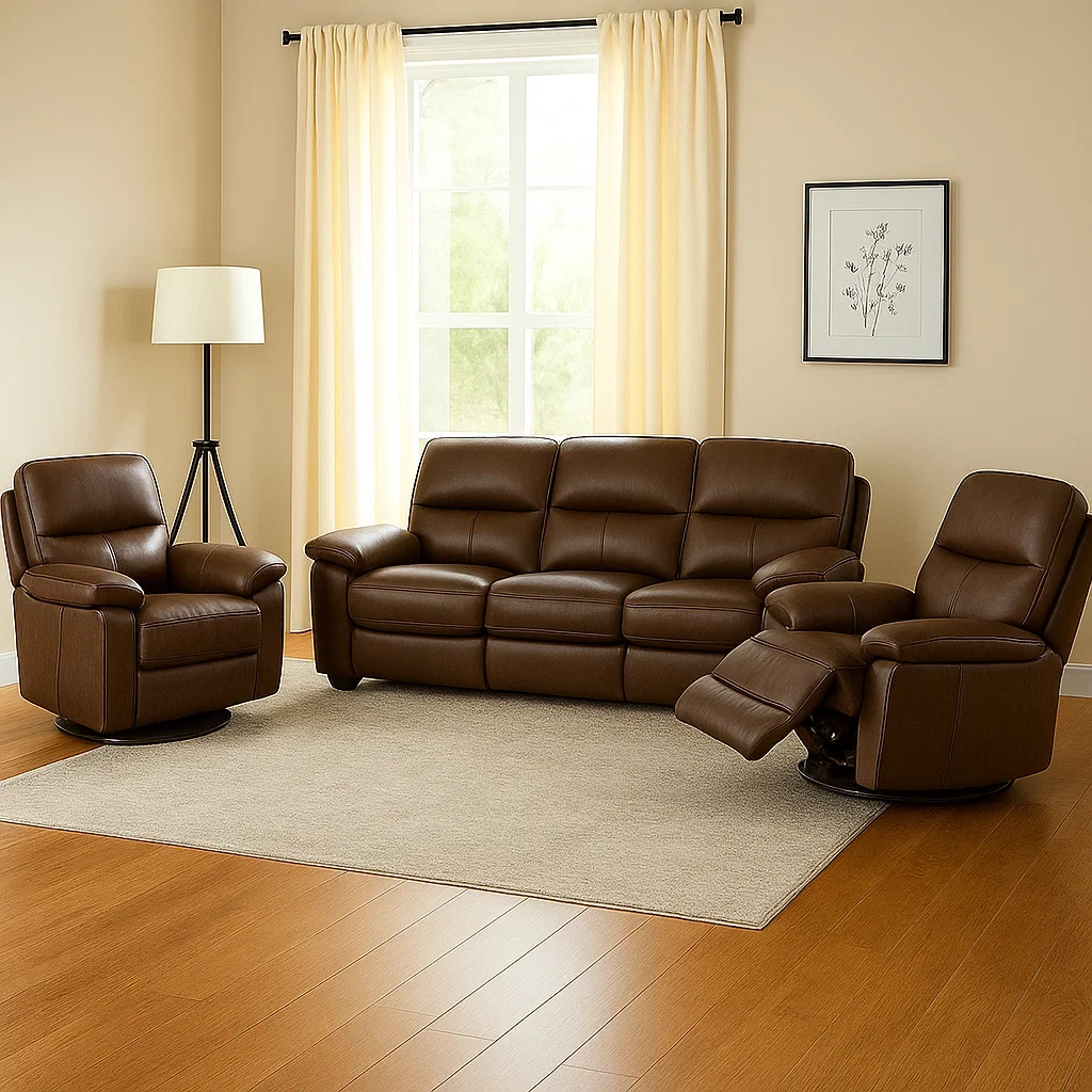 Ensemble de canapés comprenant des fauteuils inclinables et un canapé 3 places avec structure en bois, rembourrage en mousse et revêtement en similicuir marron, pour salon. Dimensions du canapé : 3 places (200 x 90 x 100 cm), dimensions des fauteuils