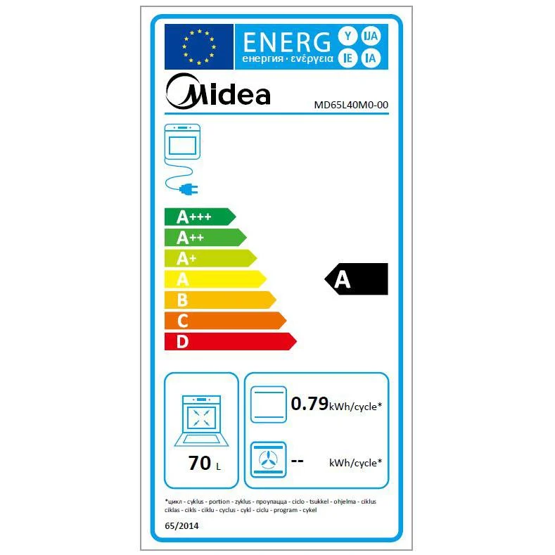 Midea MD65L40M0-00 Multifunktionsovn, 2,1 kW, 70 L, Klipslåge, 4 Tilberedningsfunktioner, Energieffektivitet A - Sort
