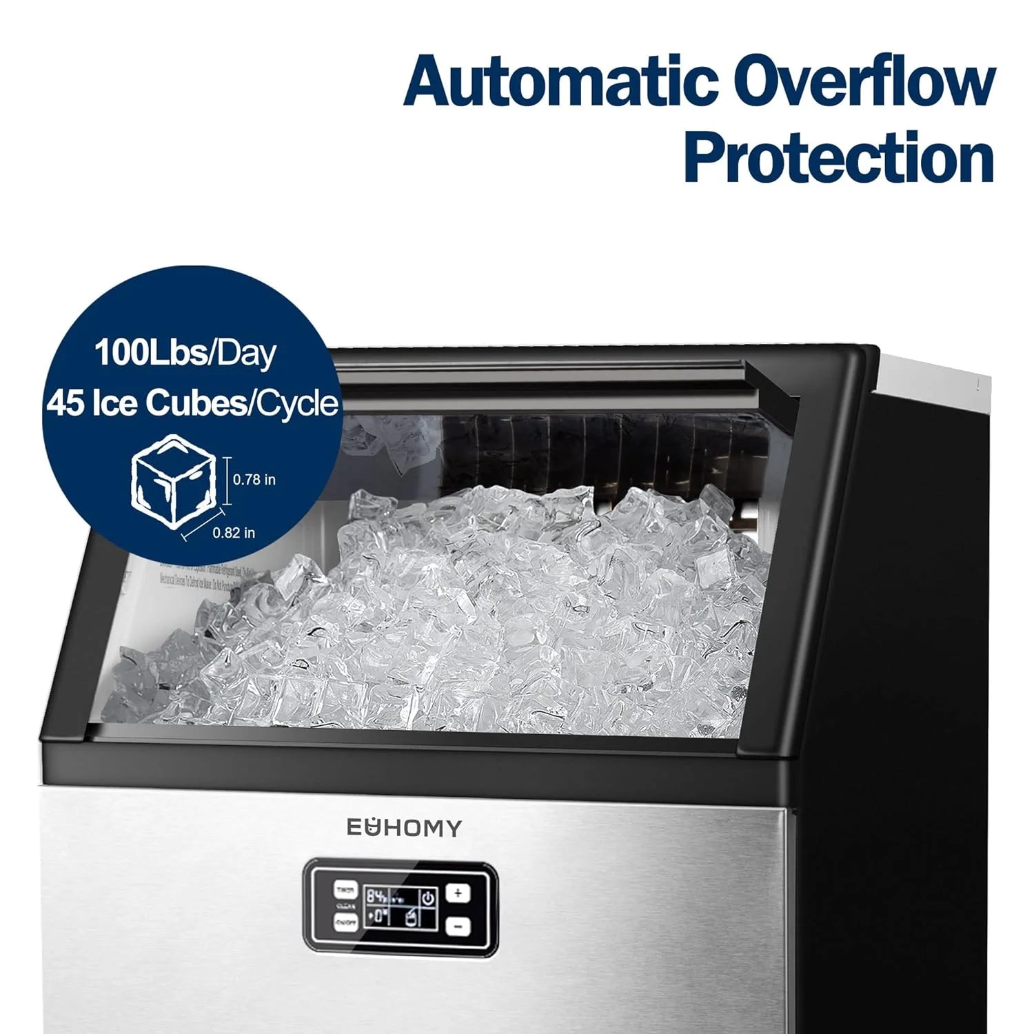 Machine à glaçons commerciale EUHOMY 2025. 45 kg/24 h. Modèle sous meuble en acier inoxydable.