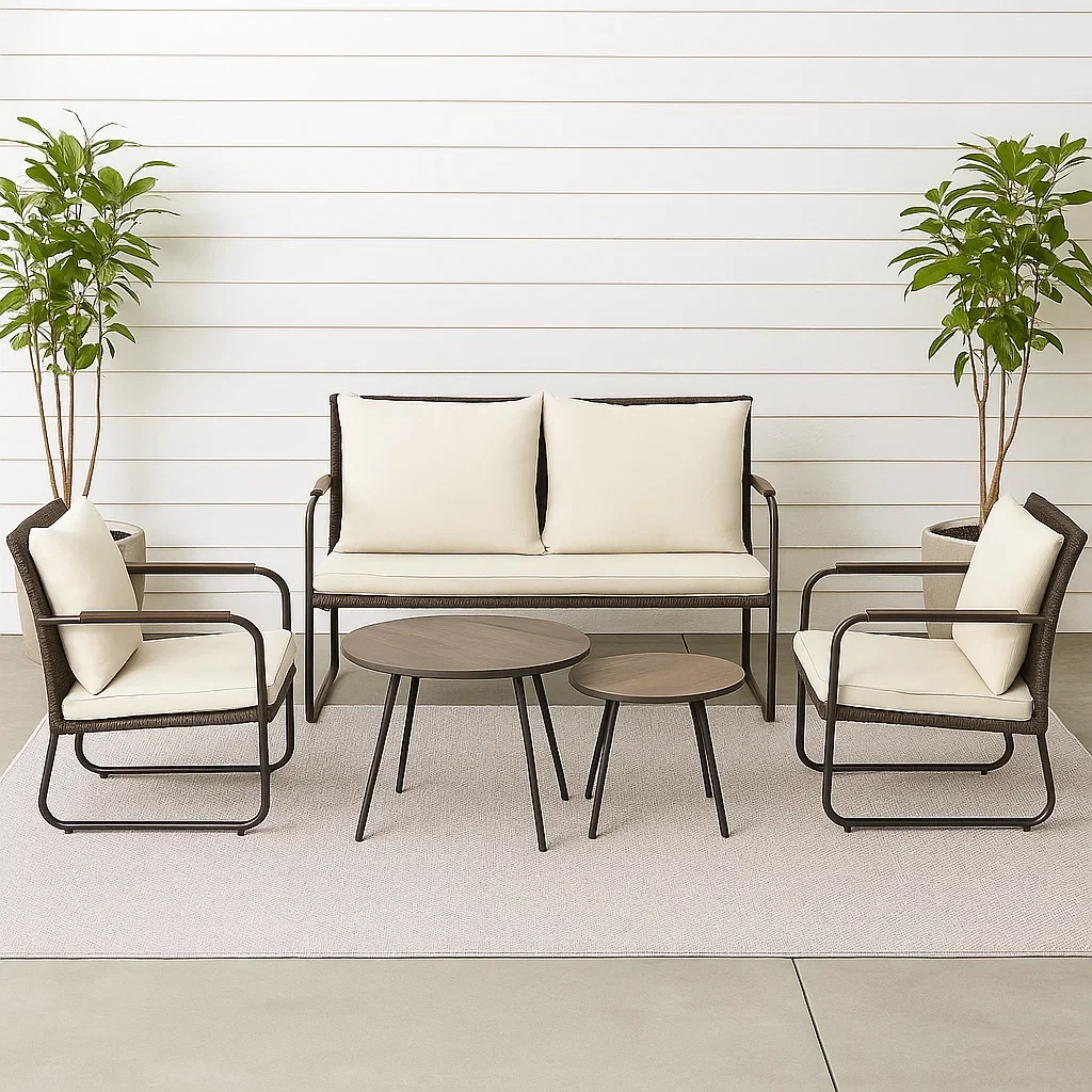 Ensemble de salon de jardin 5 pièces avec structure en métal et assises en rotin, coloris marron, coussins couleur crème ; comprend une table ronde (60 x 45 cm de diamètre), deux chaises (60 x 60 x 80 cm), un canapé (120 x 60 x 80 cm) et une table d