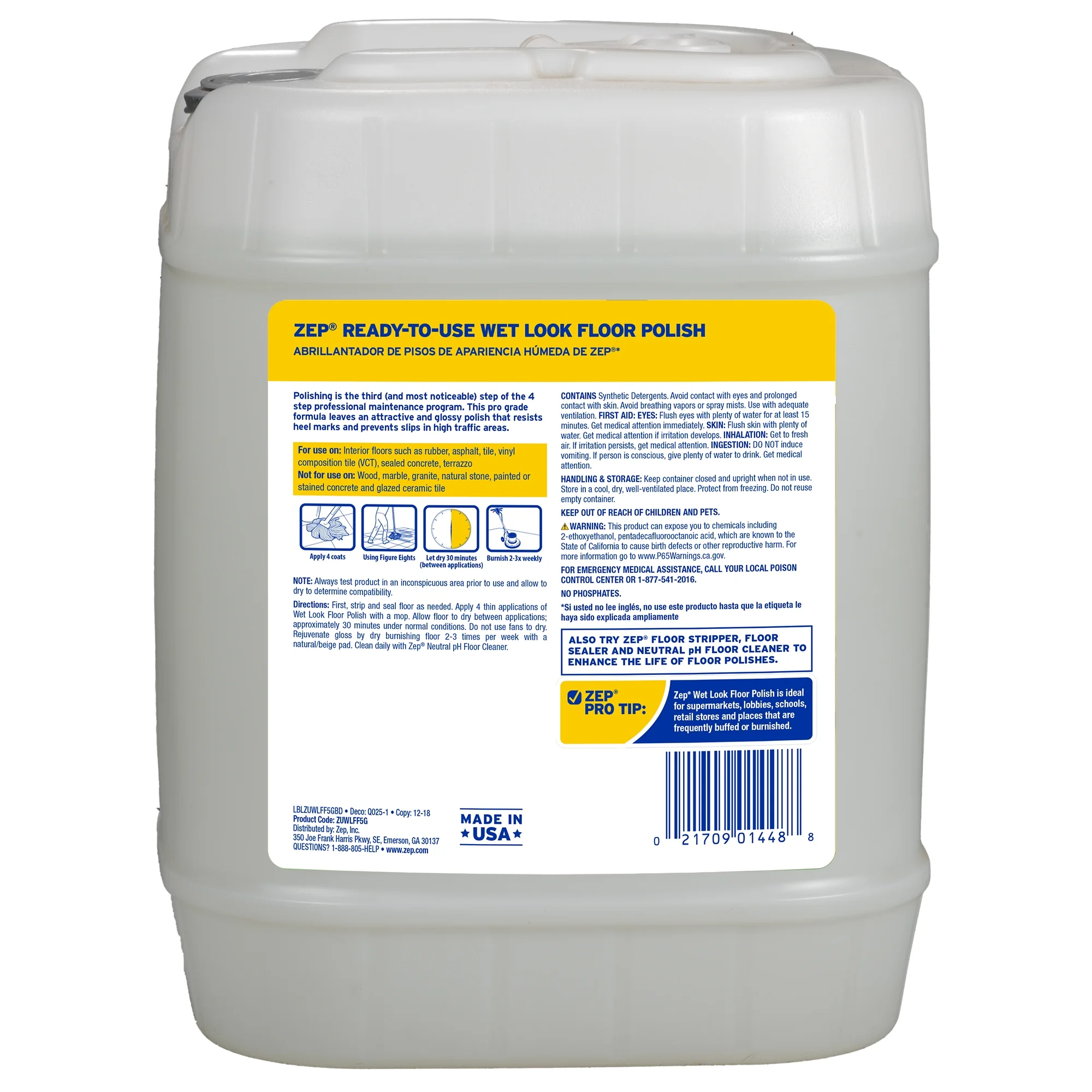 Zep Wet Look Floor Polish - 5 Gallon (1 Unit) ZUWLFF5G - Long - Lasting Glossy Finishing Polish for Vinyl (VCT), Concrete, and Tile Floors