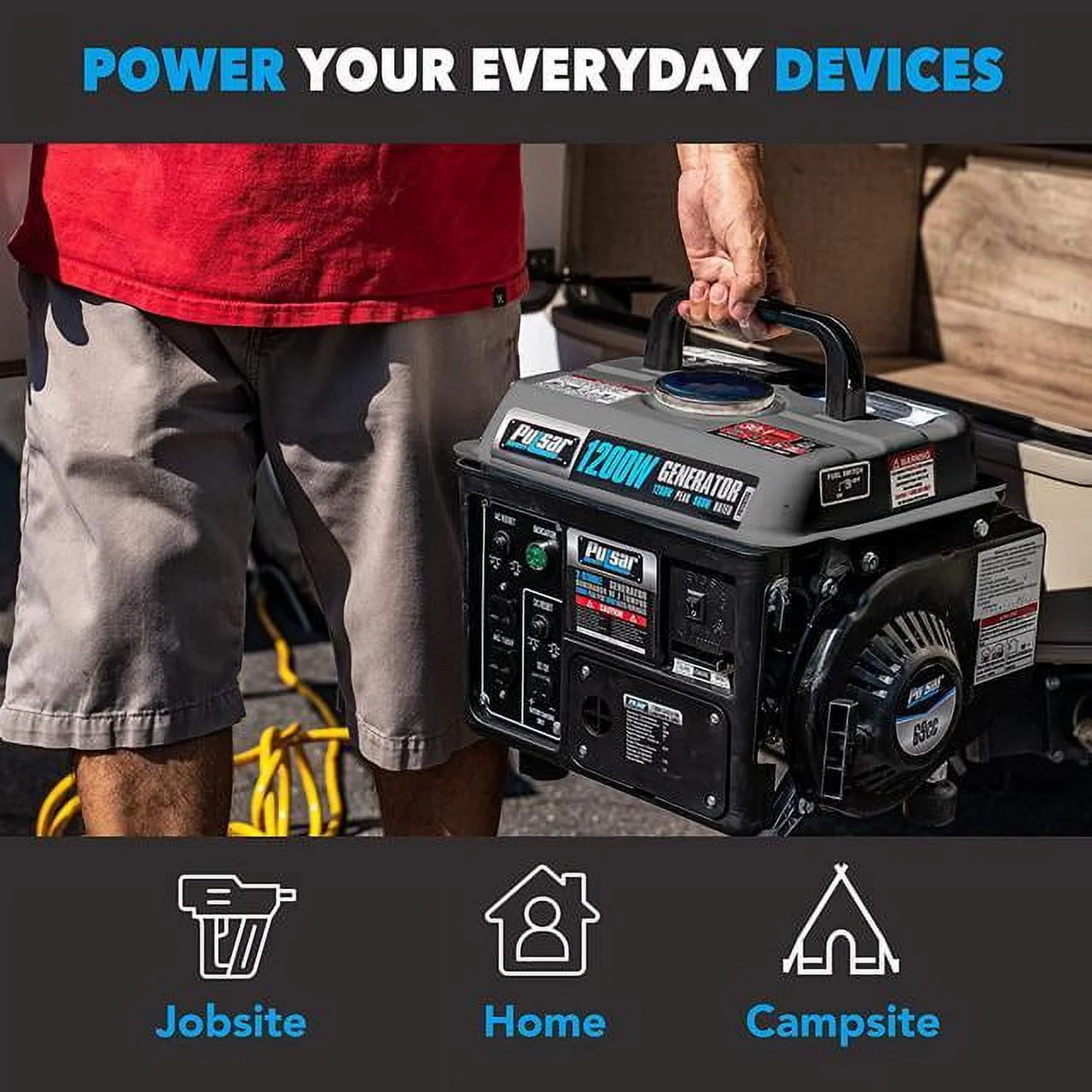 Pulsar G1200SG Portable Gas - Powered Generator with Carrying Handle, 1200W, Black/Gray