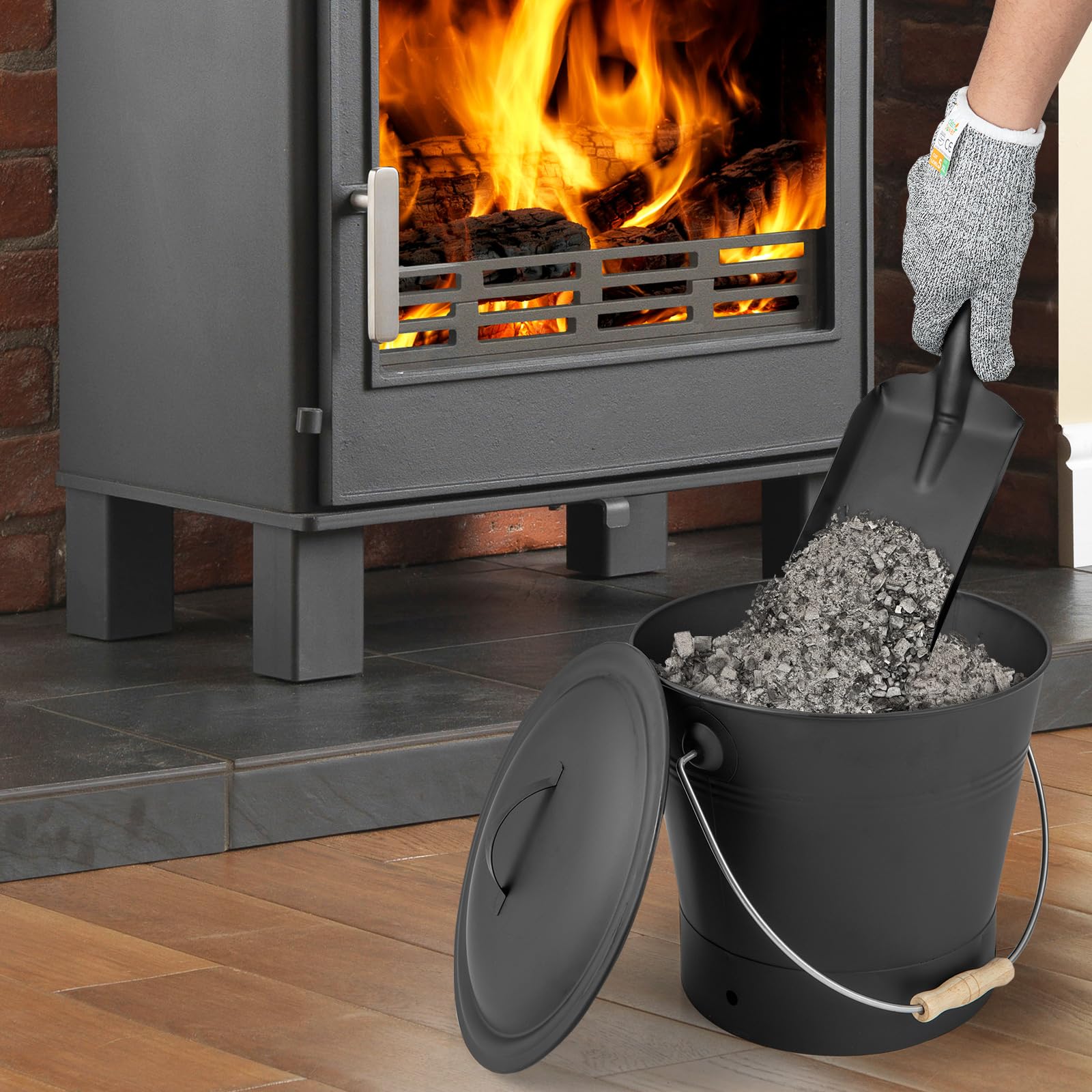 Tangkula Ash Bucket with Lid | 2 Gallon Metal Fireplace Bucket with Handle