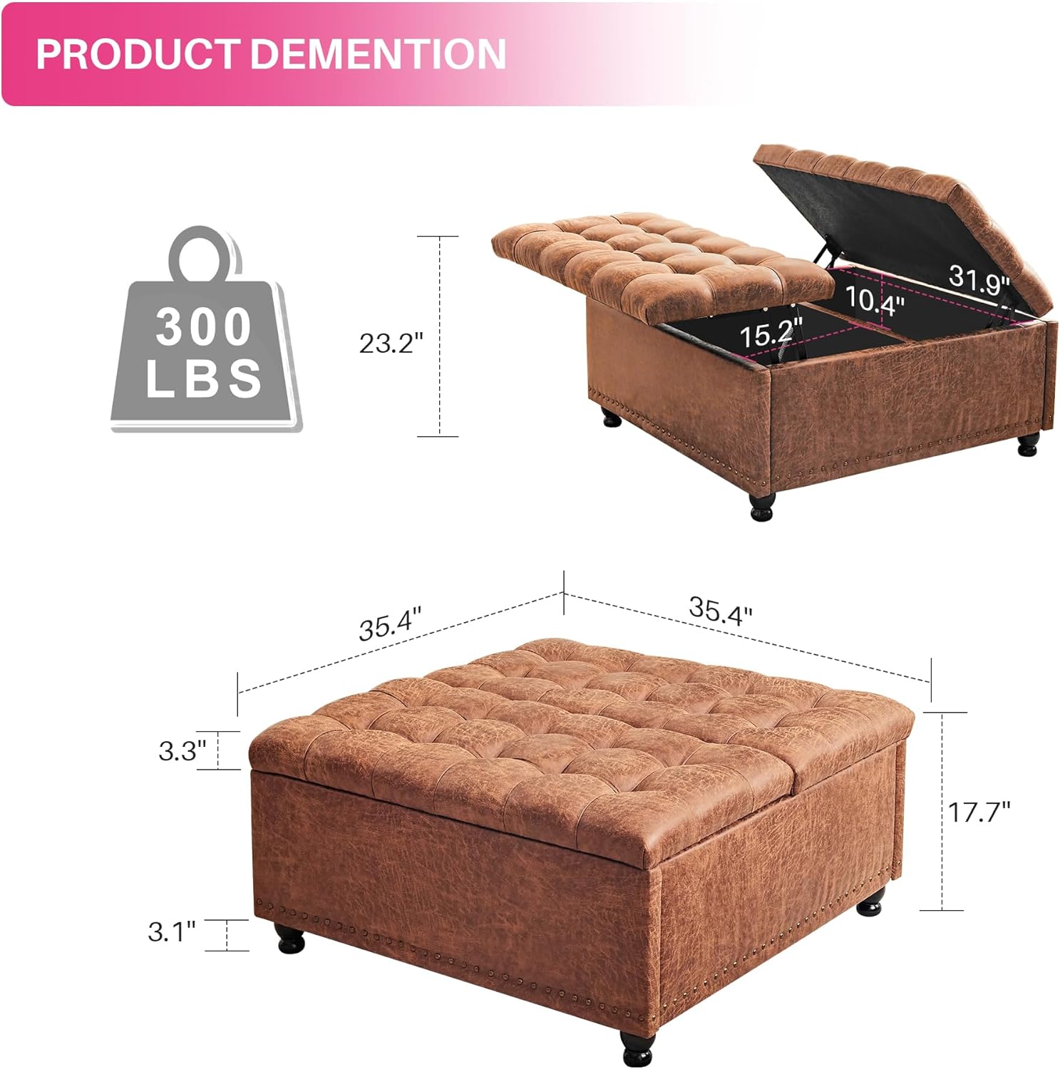 Redlife Opbevaringsfodskammel, Sofabord med Opbevaringsfodskammel, 89,9 cm Stor Fodstøtte til Stue, Polstret Fodskammel med Opbevaring til Stue (Brun)