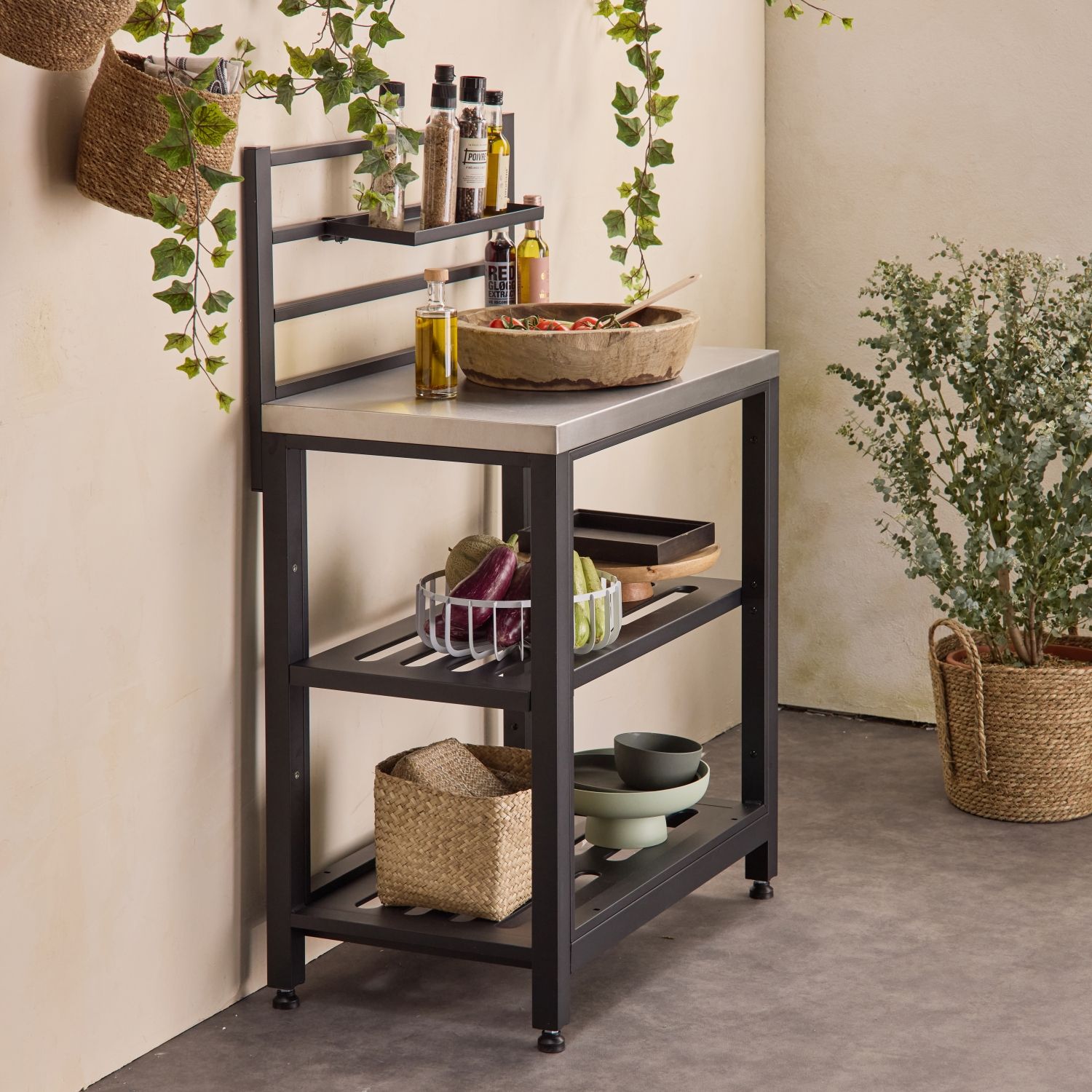 Stahl-Außenküche mit 2 Ablagen, 80 cm, Schwarz