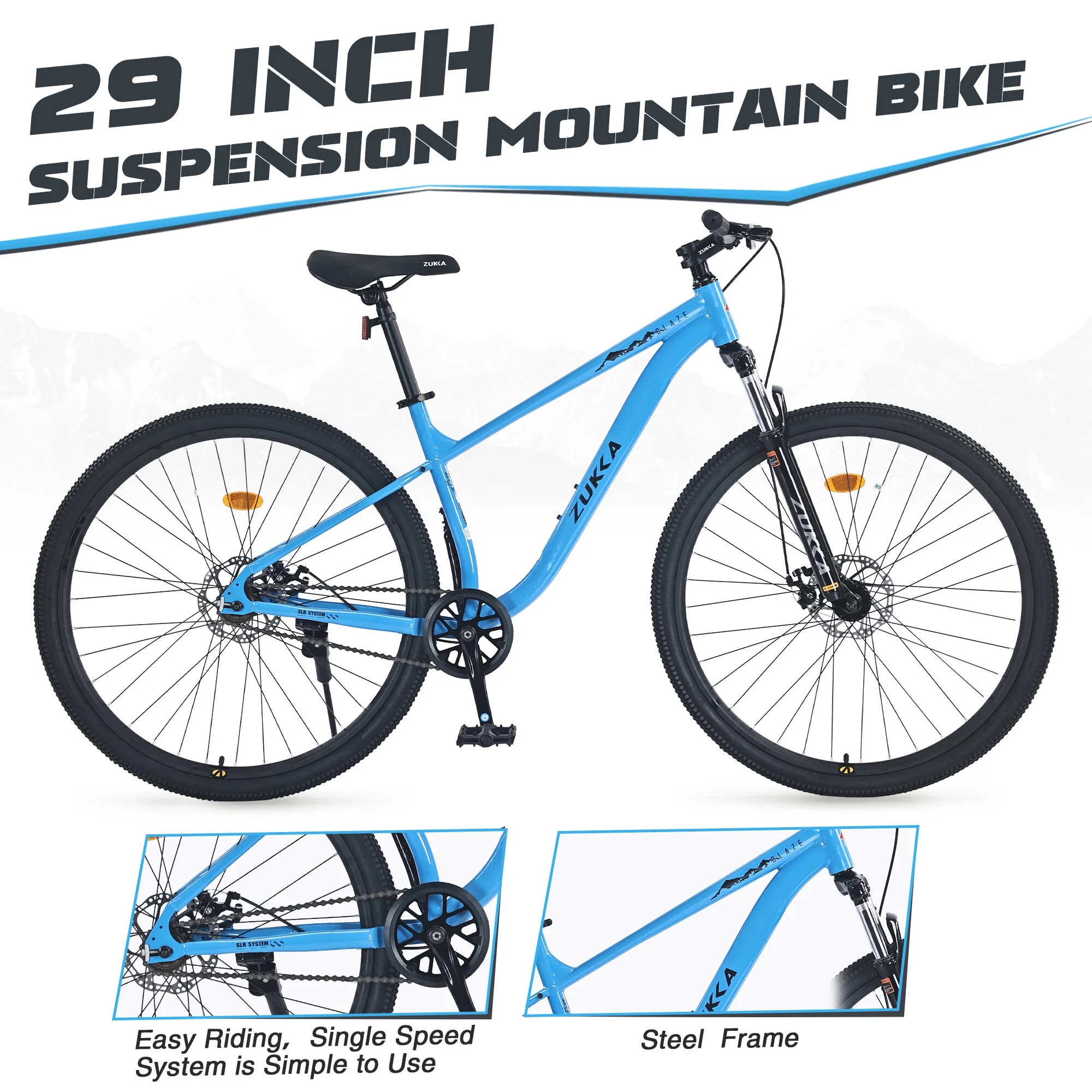 Outdoor Bike 29 in Wheels Single Speed Mountain Bike, for Men Women and, Front Suspension, Steel Frame, Mountain Bike for Outdoor