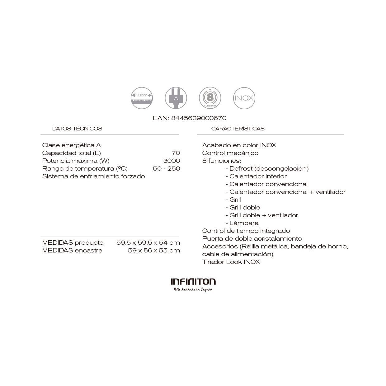 Infiniton B698 Ovn - Multifunktions Elovn, Rustfrit Stål, 70 Liter, 3000W, 60cm Høj, 8 Funktioner, Dobbeltglas, Klasse A
