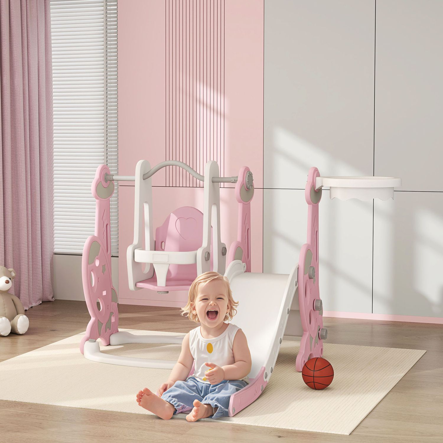 Aiyaplay 4-i-1 børnerutsjebane med gynge og flerfarvet rutsjebane