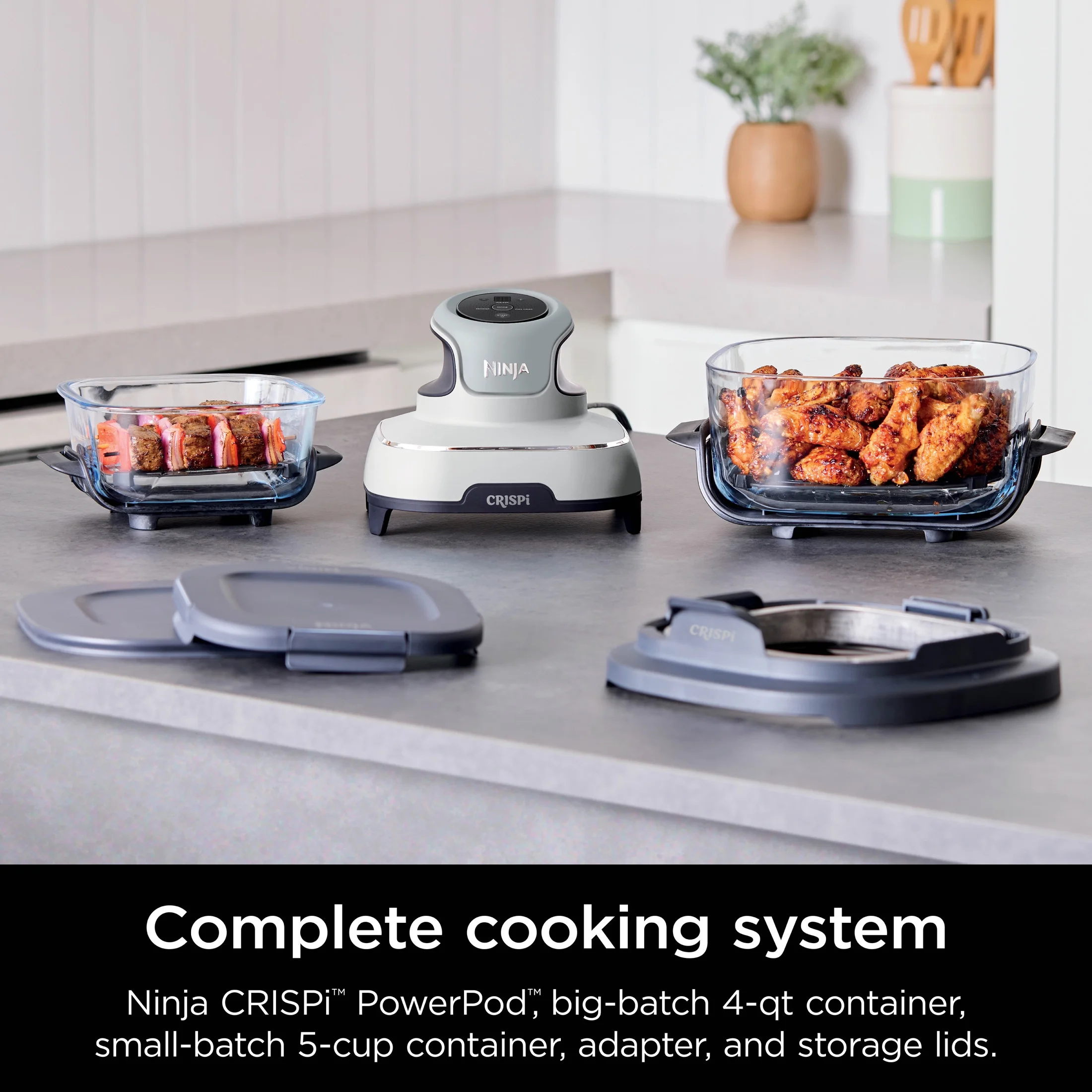 Ninja Crispi 3 - in - 1 Portable Glass Air Fryer Cooking System, 1500W, 4 - Qt & 5 - Cup Tempware Glass Containers with Storage Lids, Microwave, Freezer & Dishwasher Safe, White, FN100WH