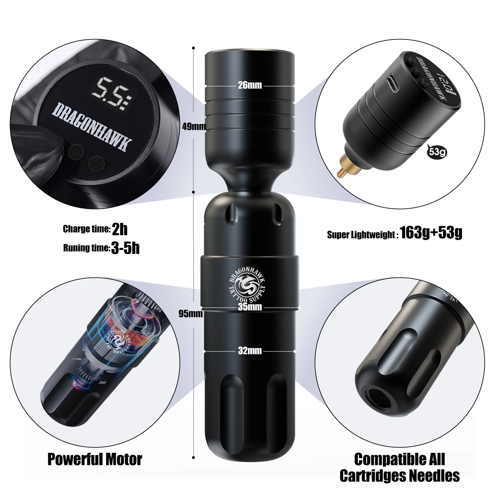 Kit de machine à tatouer sans fil Dragonhawk S8 avec course de 3,5 mm