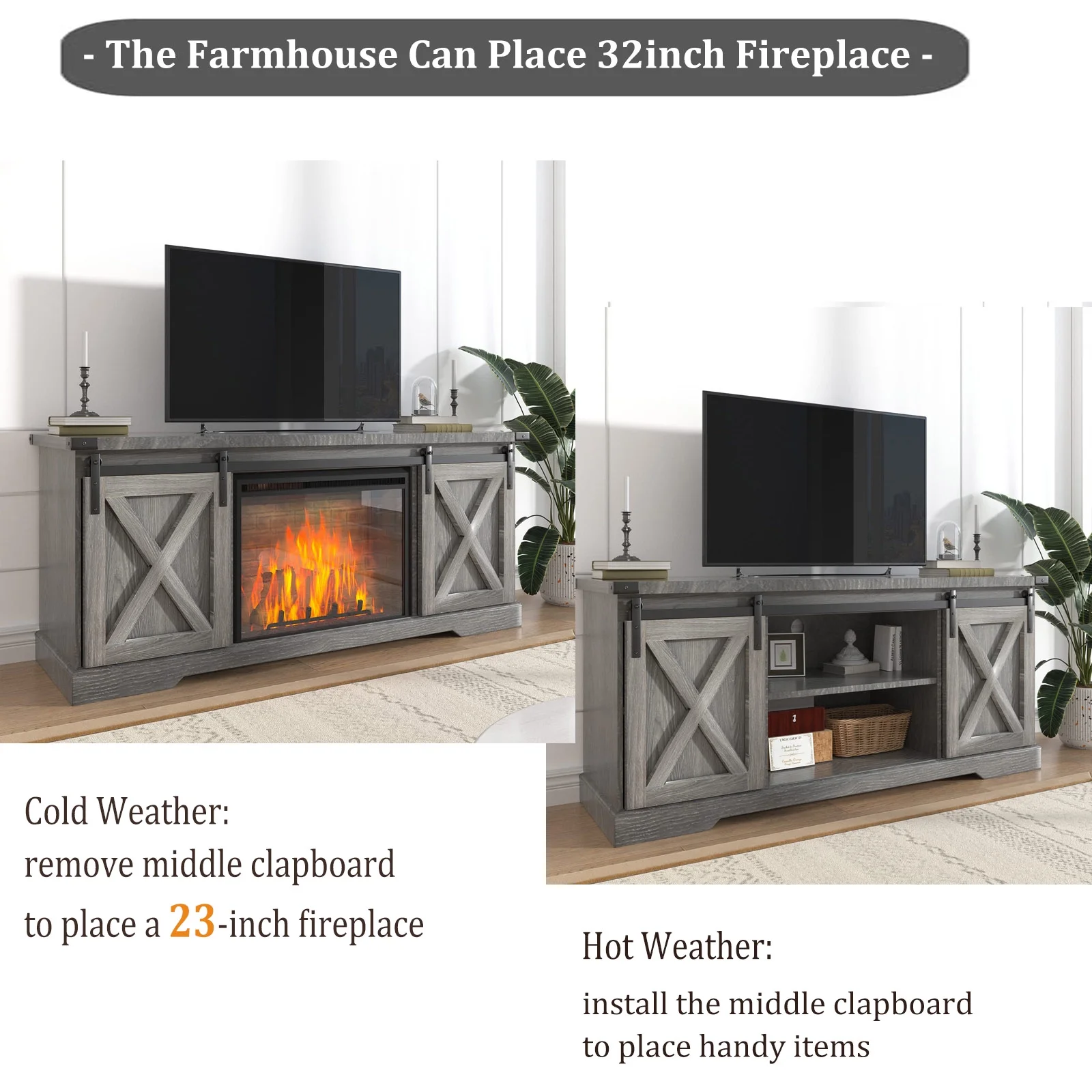 Chvans Farmhouse Barn Door TV Stand for up to 65" Tvs & 23" Electric Fireplace, Entertainment Center Console Table with Adjustable Shevles