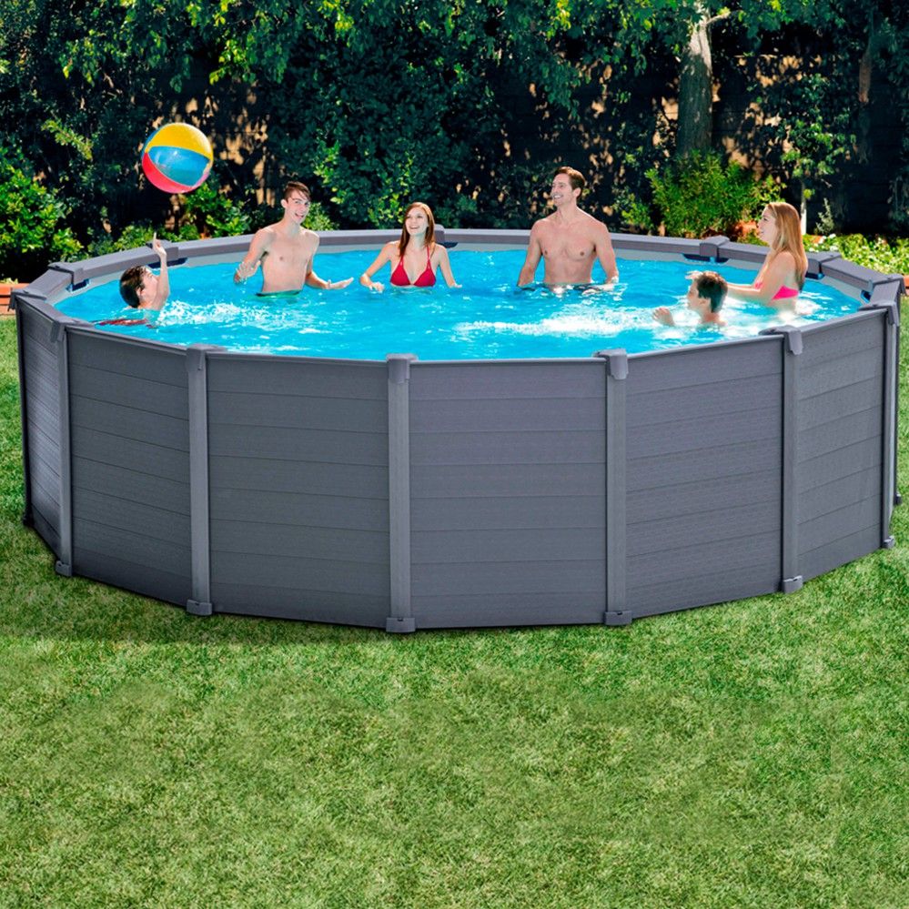 Intex 478x124cm rund rørformet PVC overjordisk pool mørkegrå med filterpumpe