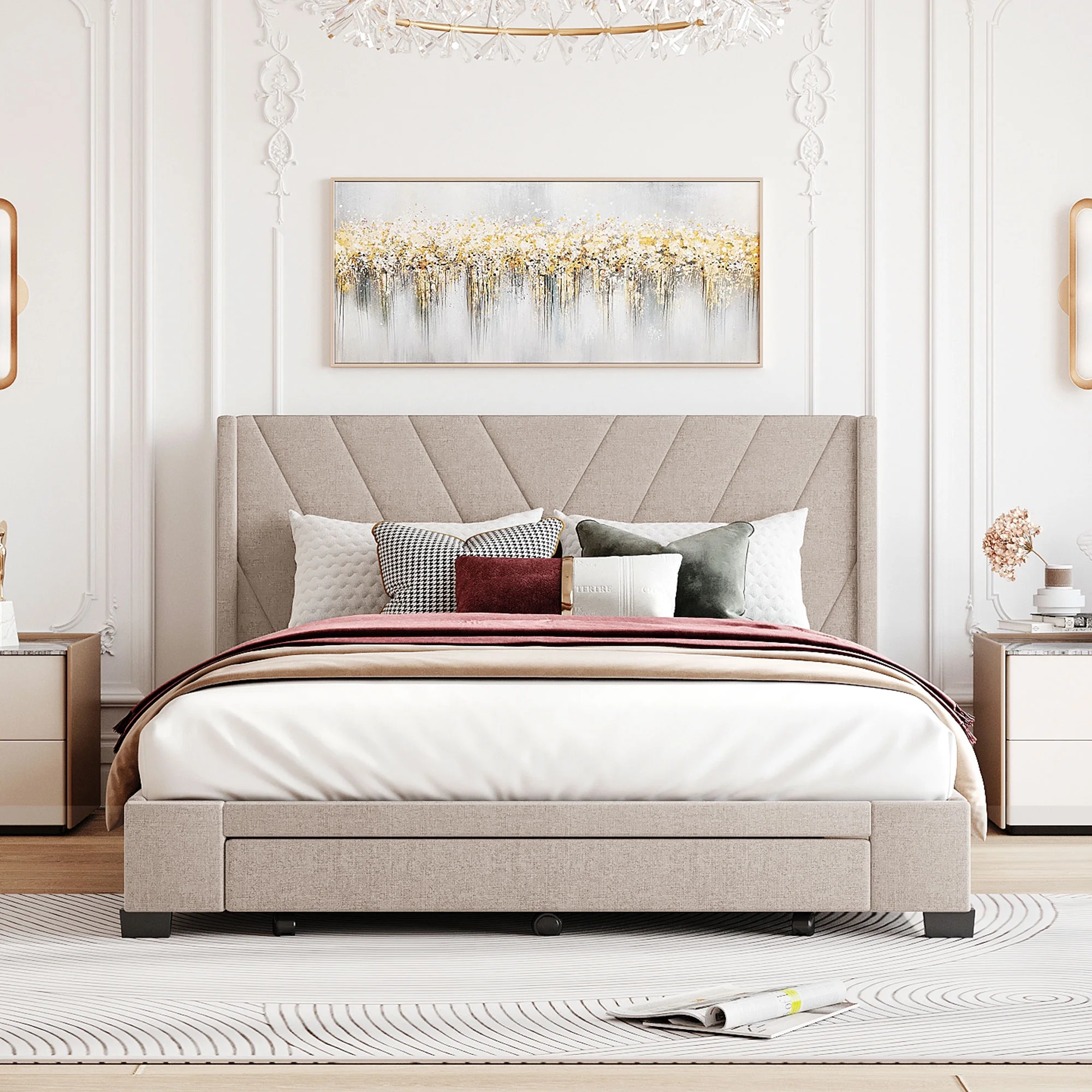 Sesslife Queen Bed Frame with Storage, New Upgraded Linen Upholstered Platform Bed with 3 Drawers, Queen Size Storage Bed with Headboard and Wooden Slats, No Box Spring Needed, Holds 500 lb, Beige