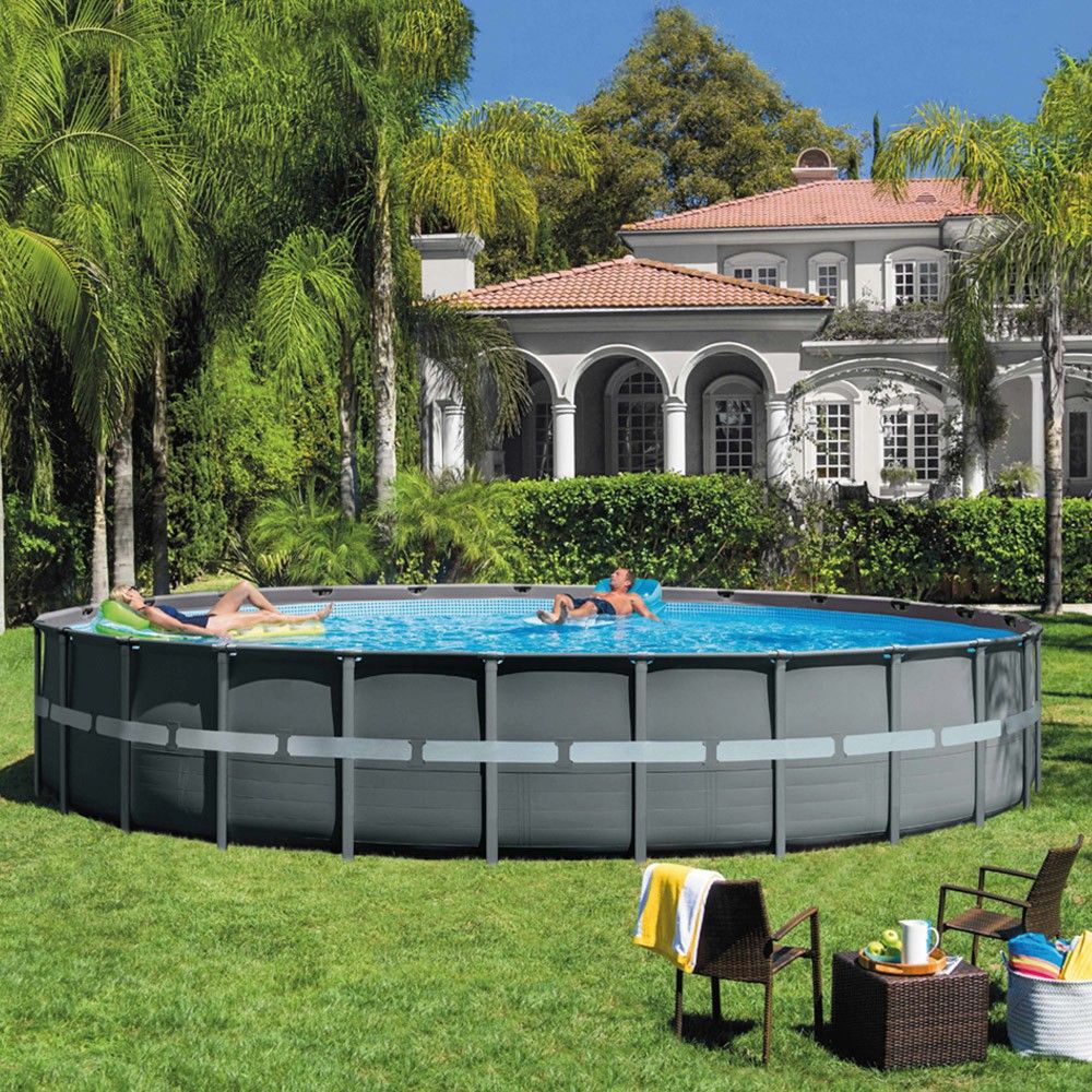 Intex 732x132cm rund rørformet PVC overjordisk pool mørkegrå med filterpumpe