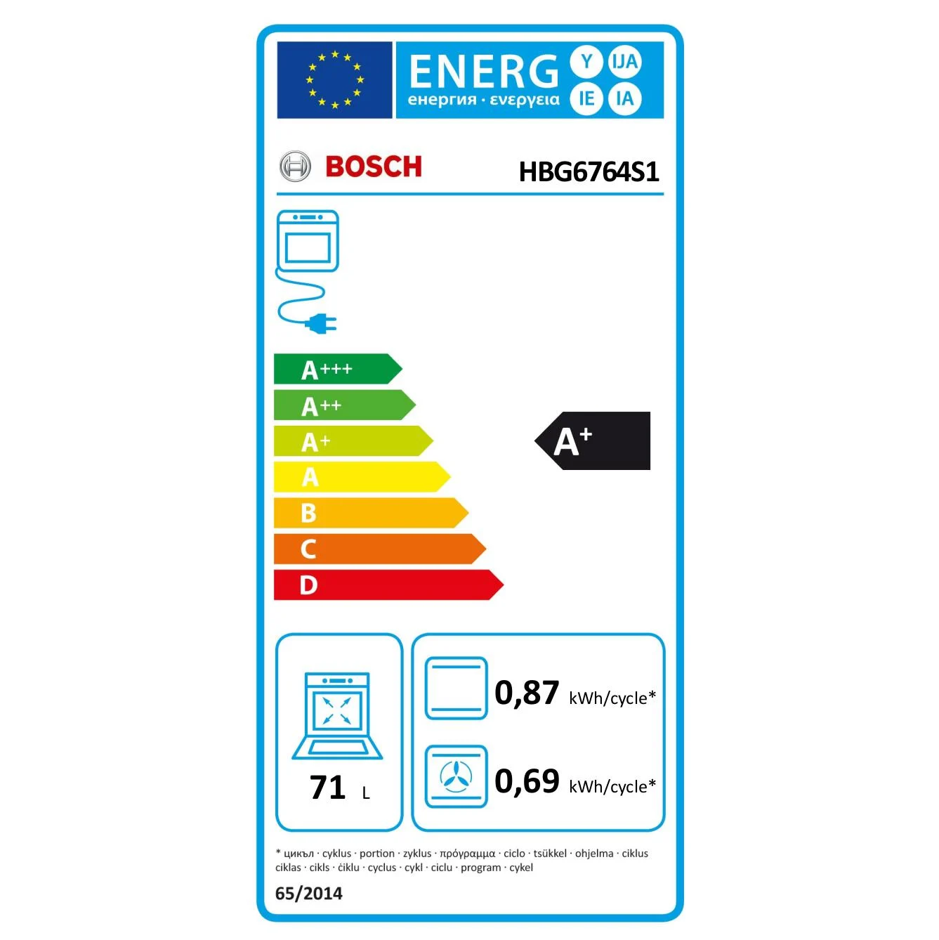 Bosch HBG6764S1 Multifunktionsovn, 3,6 kW, 71 L, Klipslåge, 13 Madlavningsfunktioner, A+ Energieffektivitet - Rustfrit stål