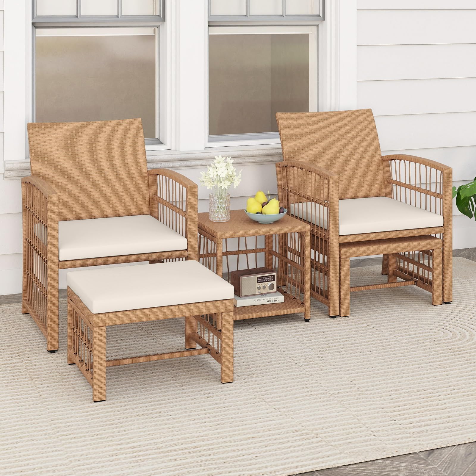 Tangkula 5 Piece Patio Wicker Conversation Set Includes 2 Armchairs, 2 Ottomans & 2-Tier Side Table