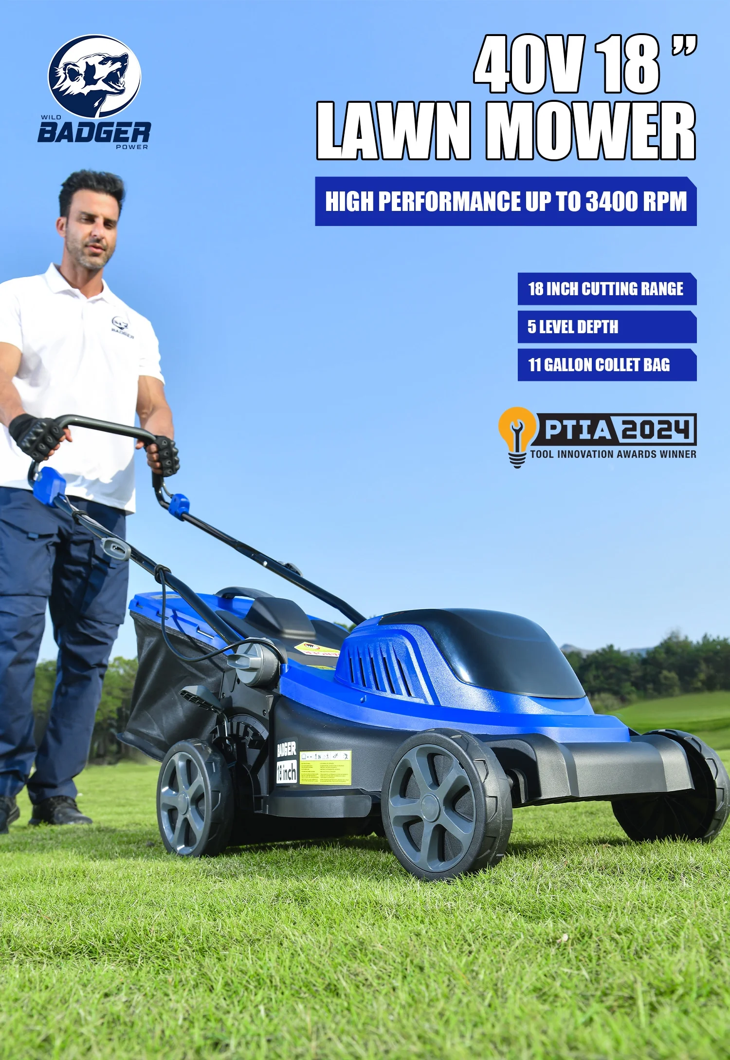 WILD BADGER POWER 18" Brushless Cordless Lawn Mower, 40V, for 6, 500�?0, 000 Sq Ft Yards, 5 Cutting Heights, Large Grass Bag, Quick - Fold Storage, Battery & Charger Included